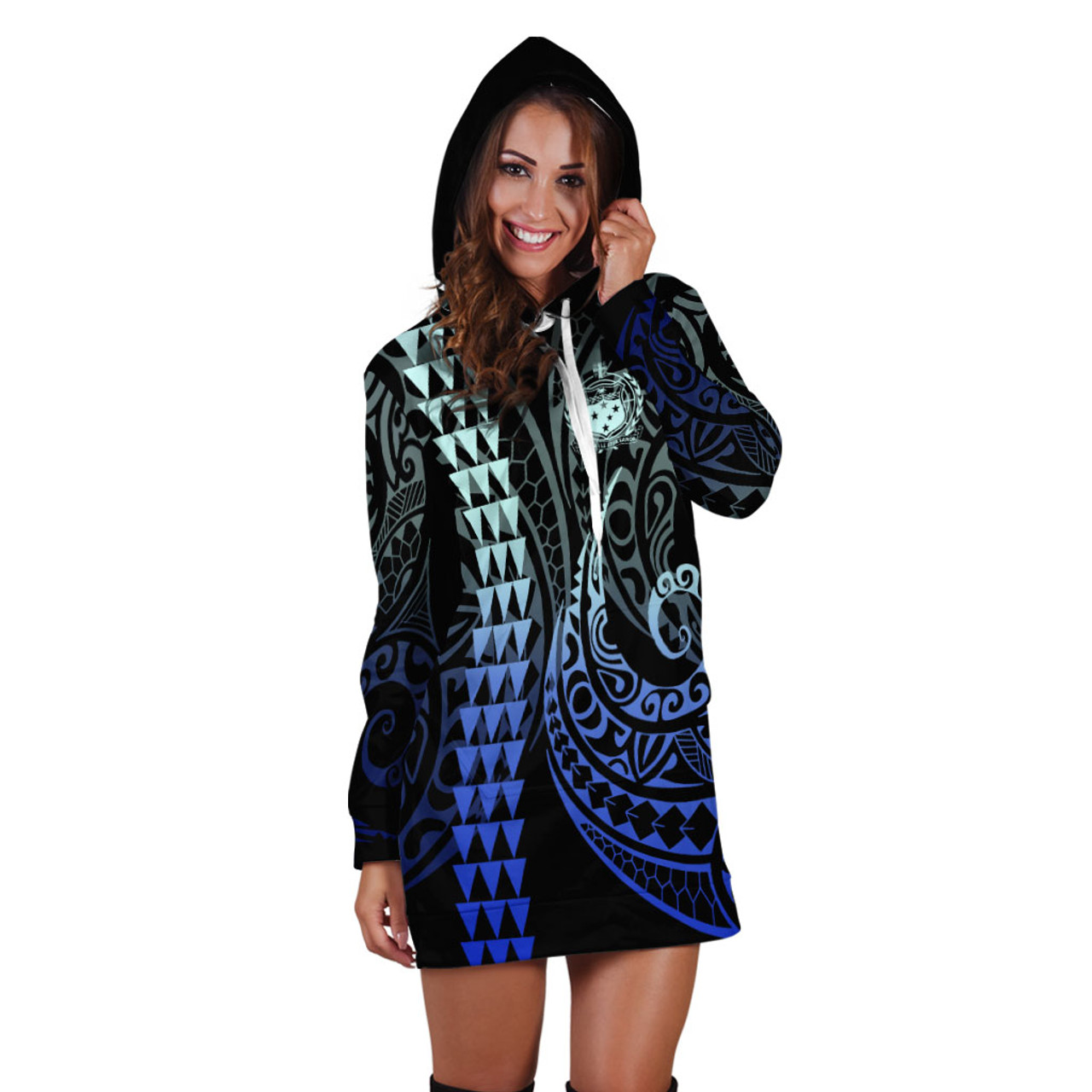 Samoa Hoodie Dress Kakau Style Gradient Blue