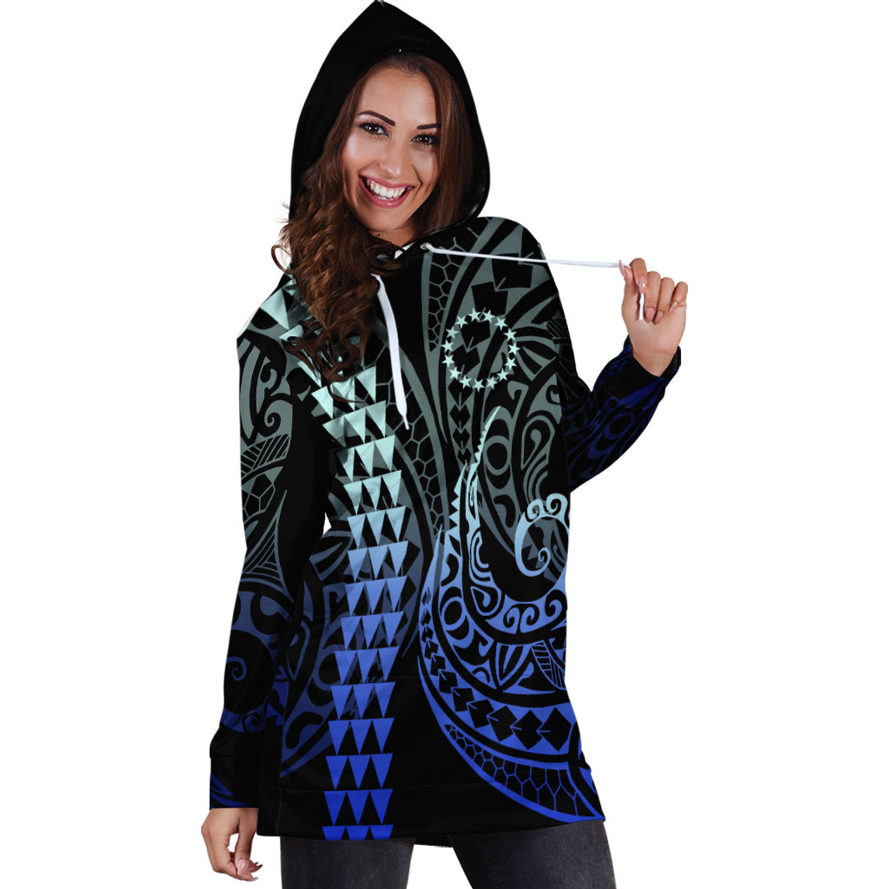 Cook Islands Hoodie Dress Kakau Style Gradient Blue