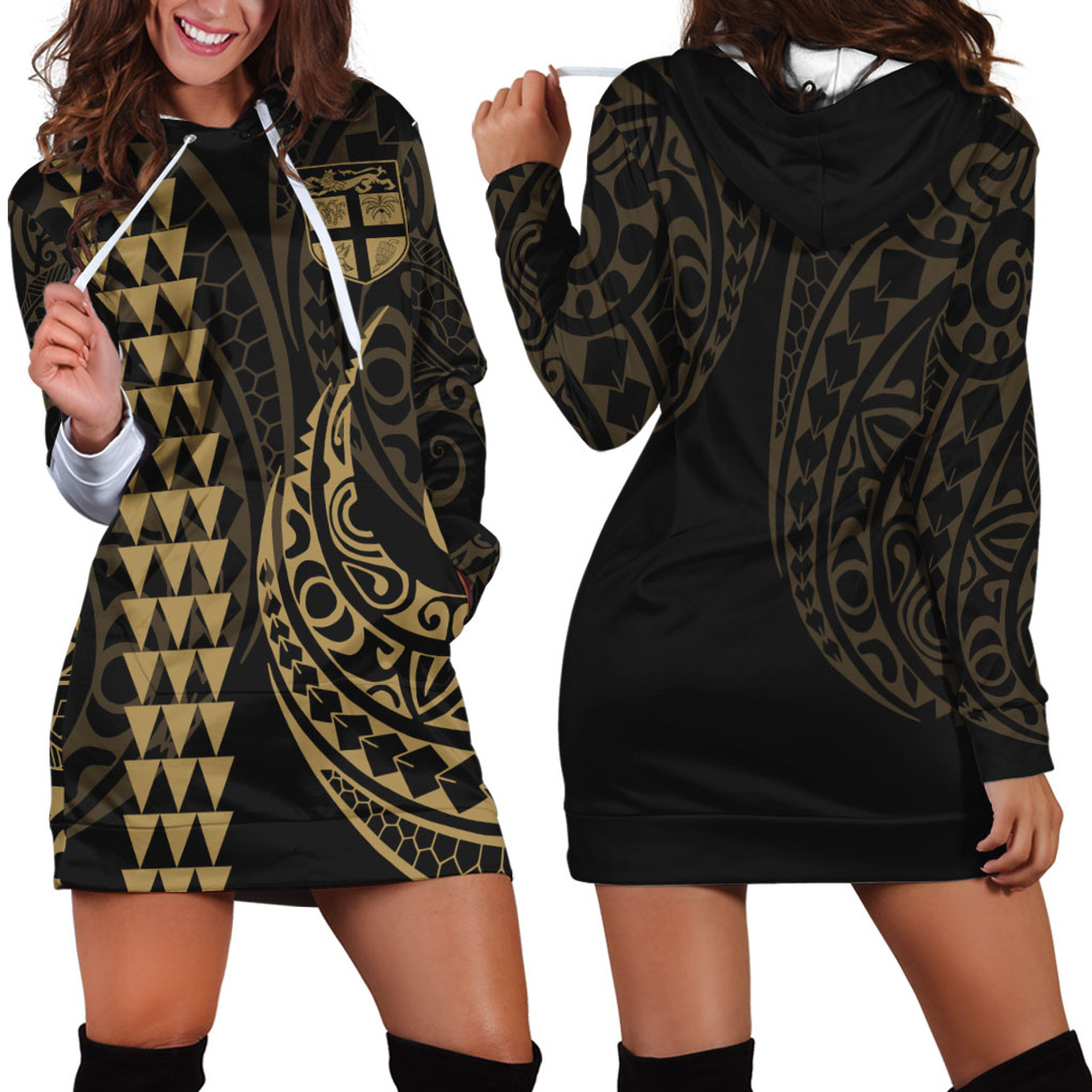 Fiji Hoodie Dress Kakau Style Gold