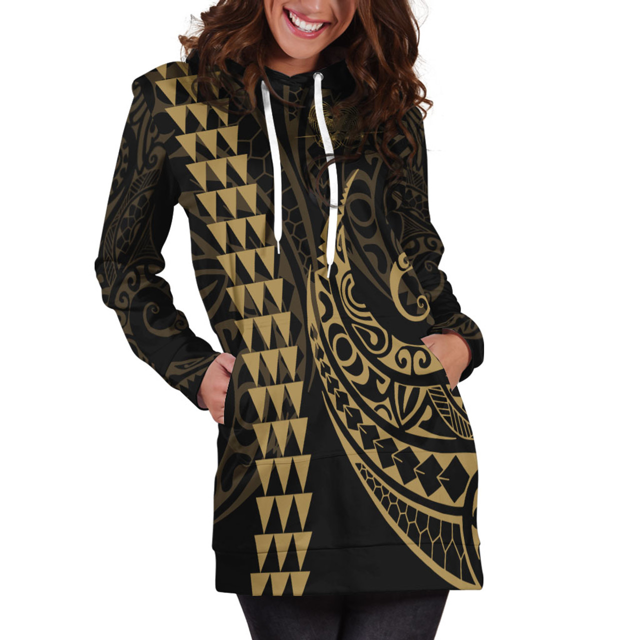 Papua New Guinea Hoodie Dress Kakau Style Gold