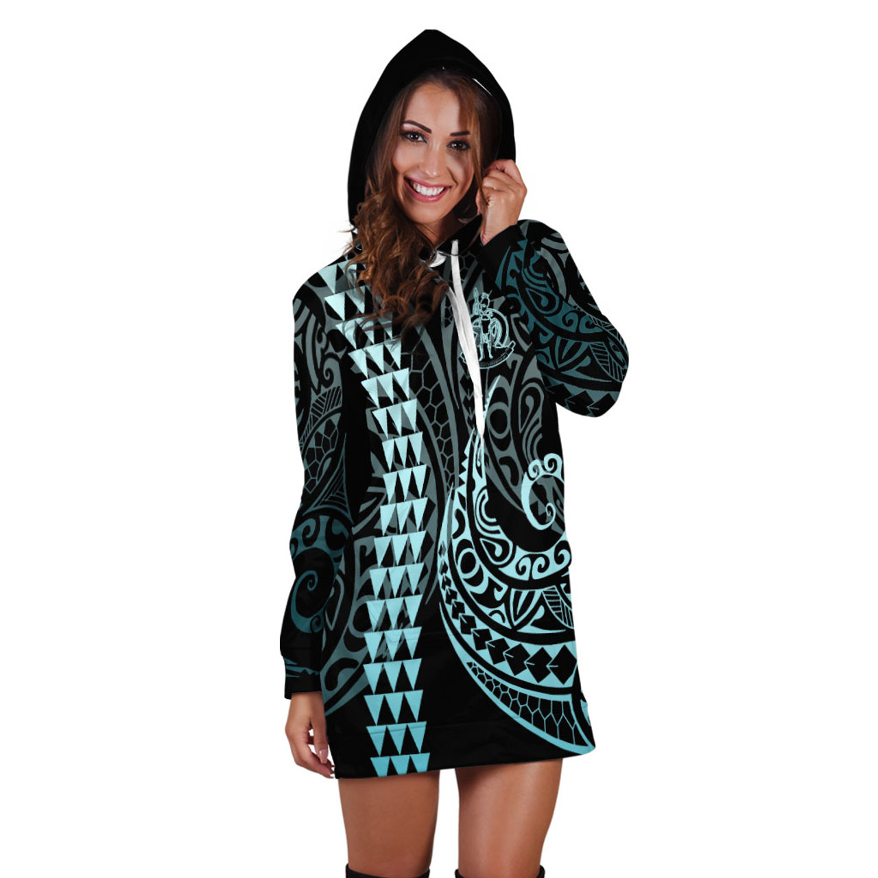 Vanuatu Hoodie Dress Kakau Style Turquoise