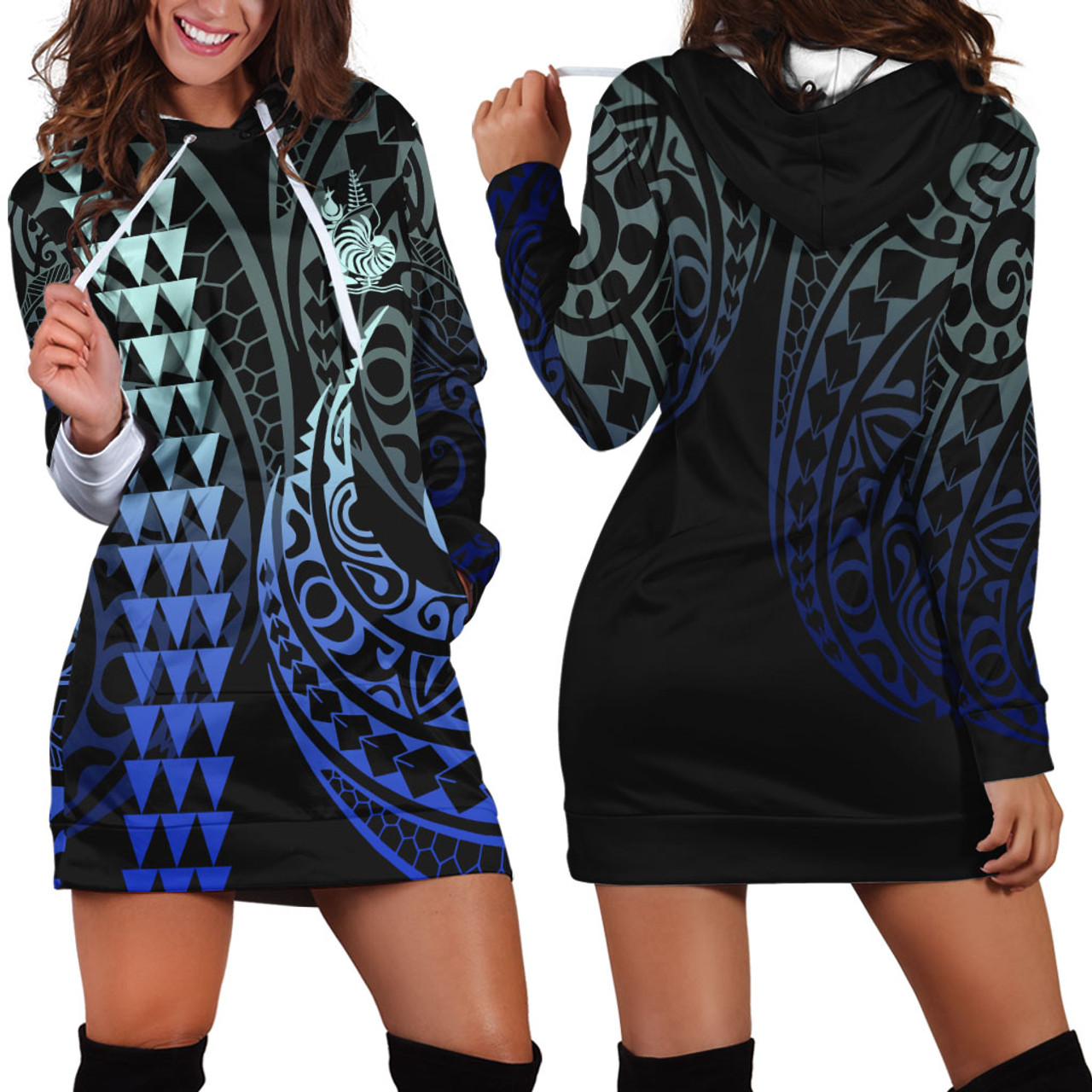 New Caledonia Hoodie Dress Kakau Style Gradient Blue