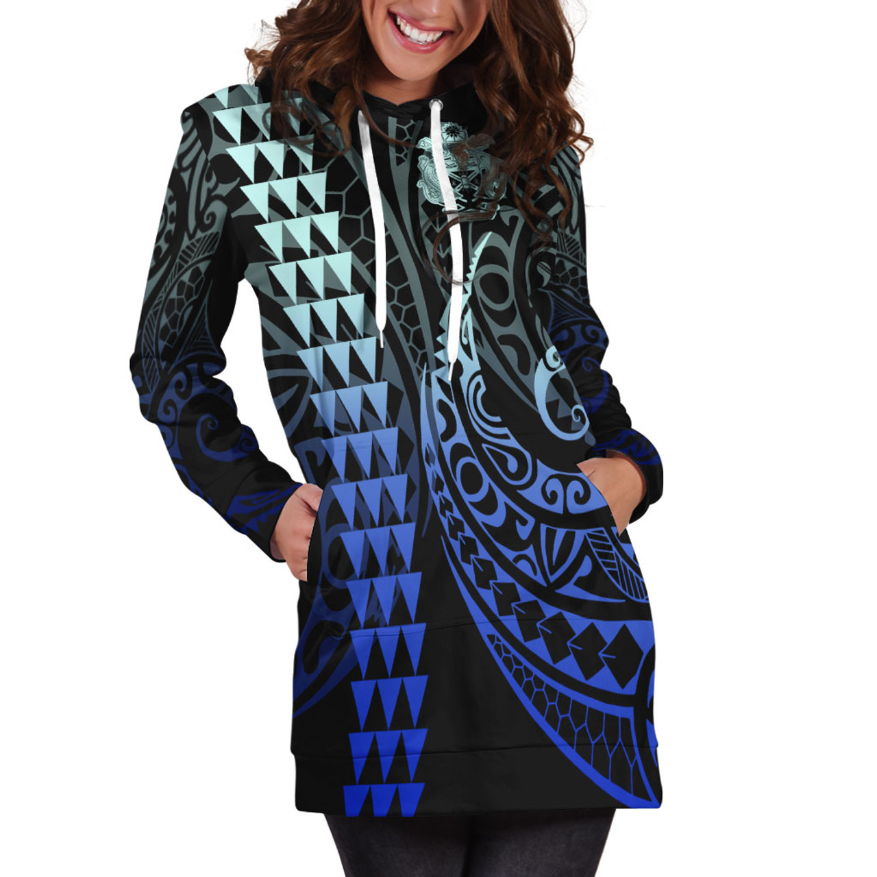 Solomon Islands Hoodie Dress Kakau Style Gradient Blue