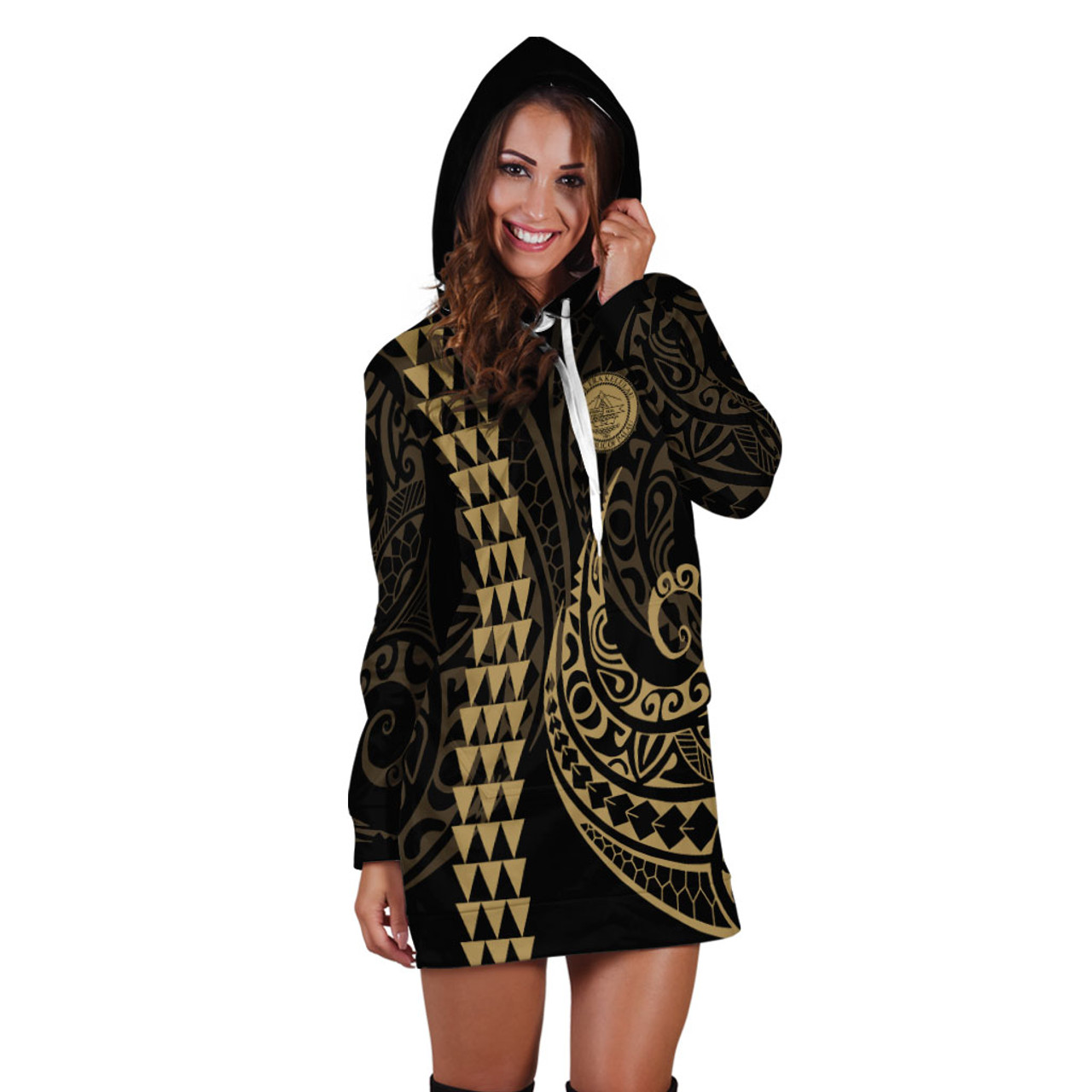 Palau Hoodie Dress Kakau Style Gold
