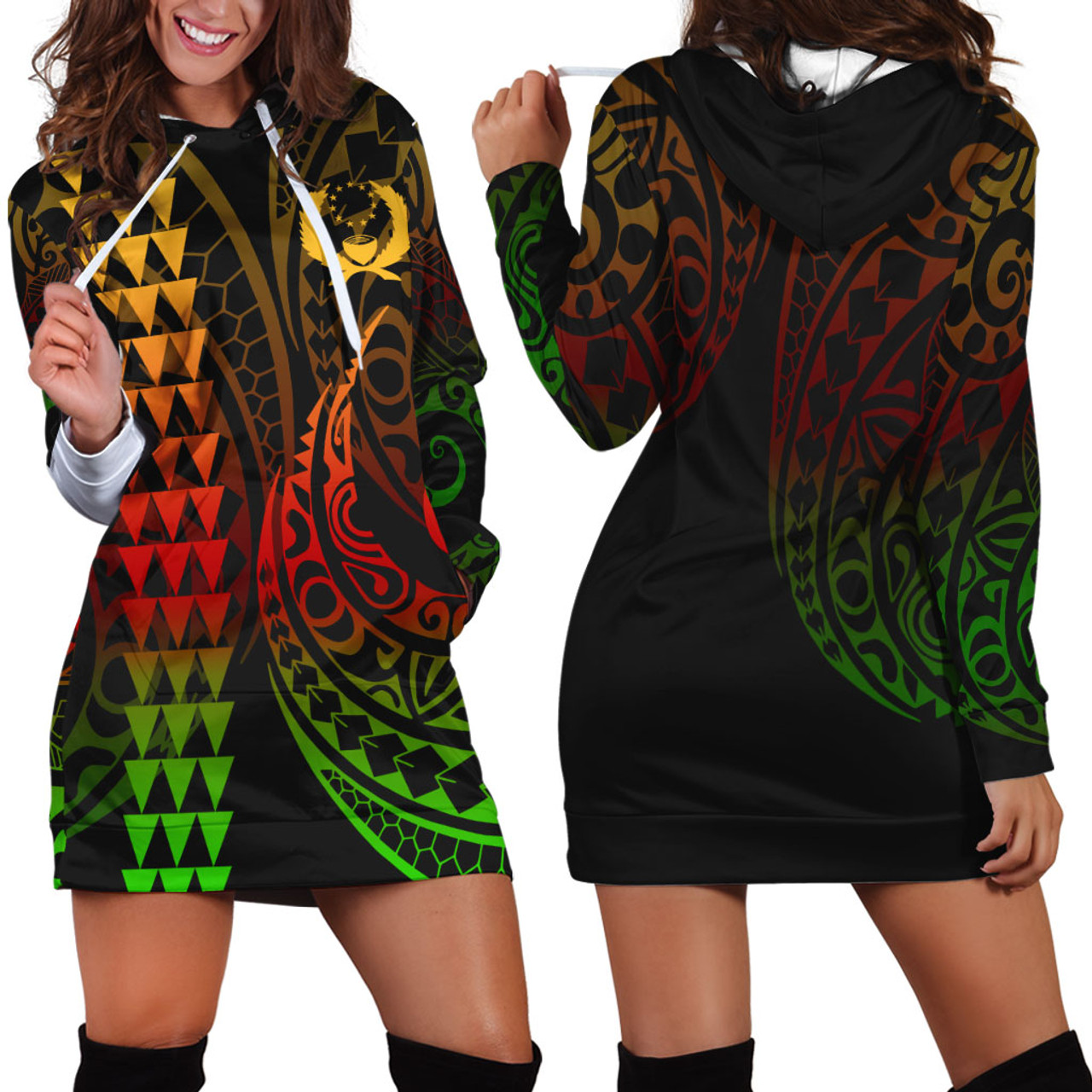 Pohnpei State Hoodie Dress Kakau Style Reggae