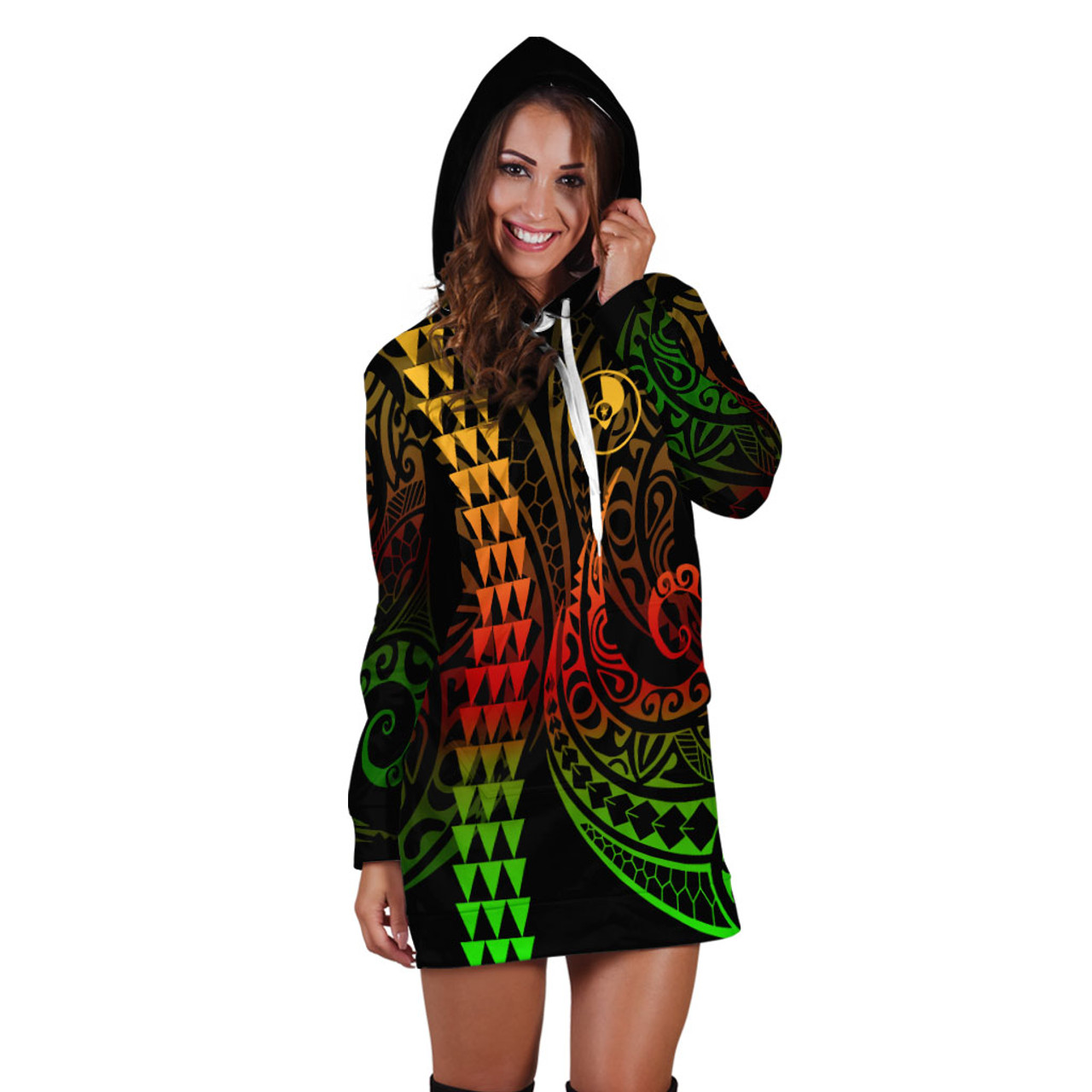 Yap State Hoodie Dress Kakau Style Reggae