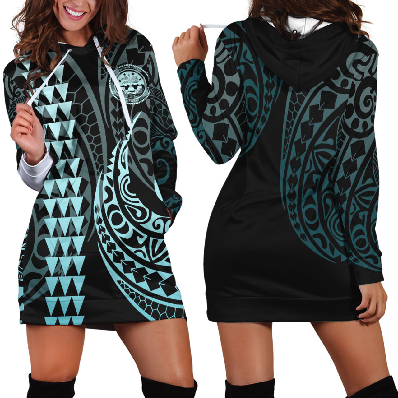 Federated States Of Micronesia Hoodie Dress Kakau Style Turquoise