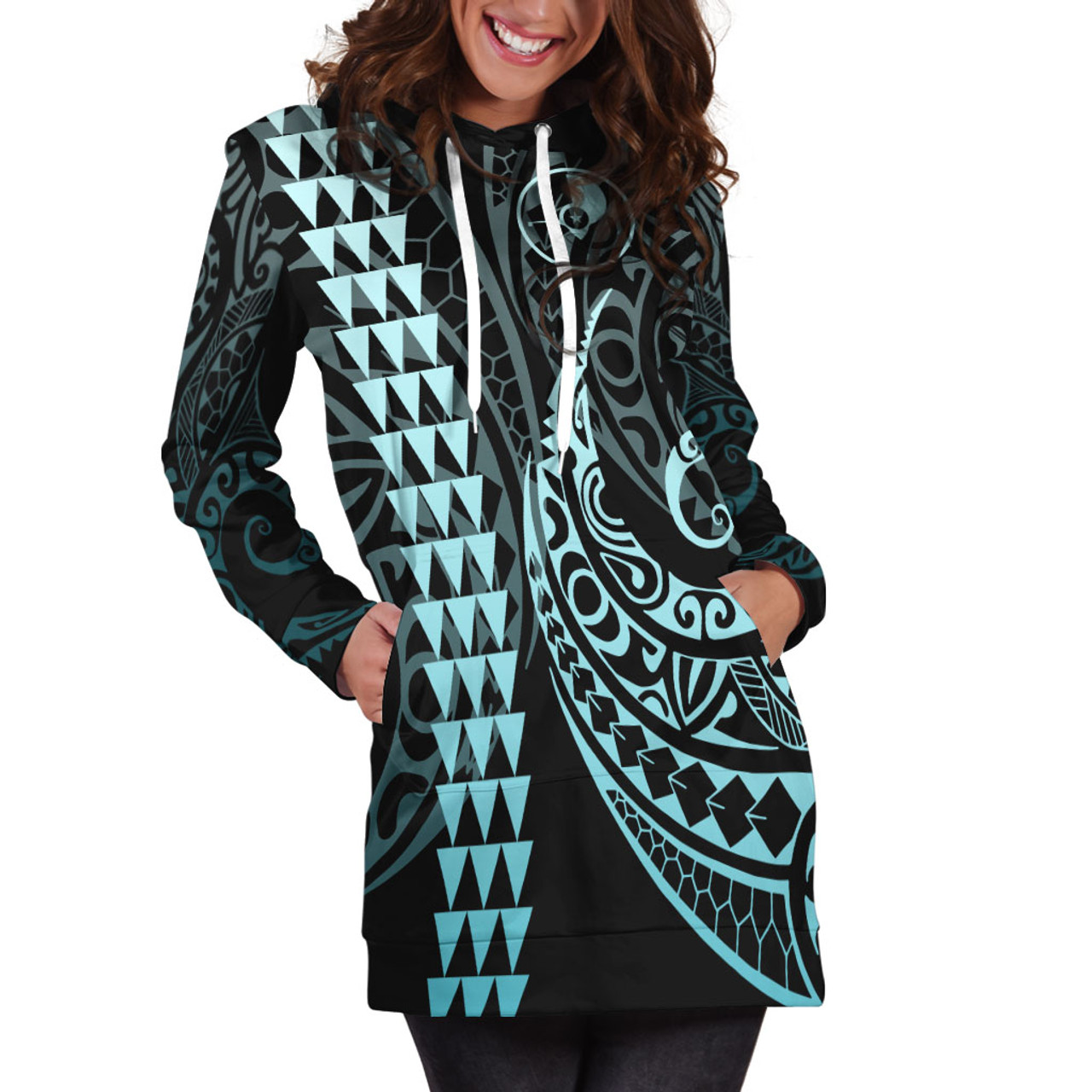 Yap State Hoodie Dress Kakau Style Turquoise