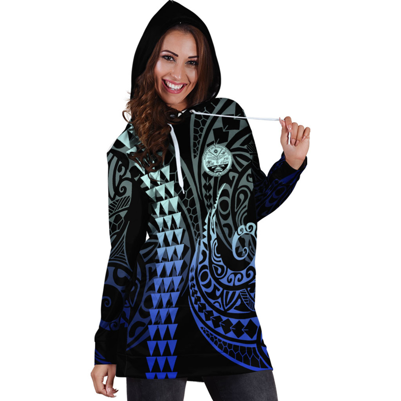 Marshall Islands Hoodie Dress Kakau Style Gradient Blue