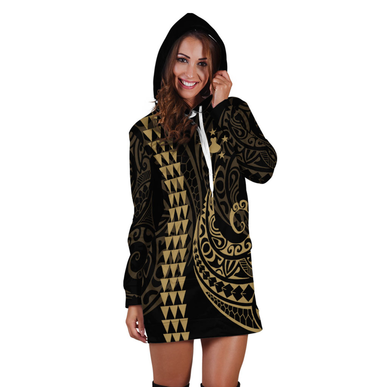 Austral Islands Hoodie Dress Kakau Style Gold