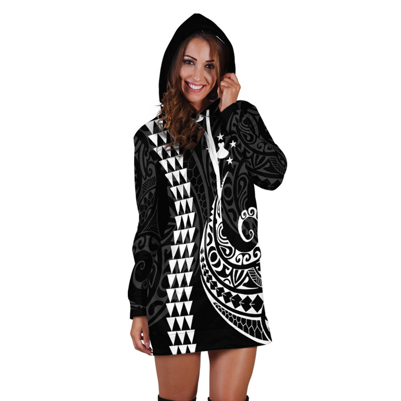 Austral Islands Hoodie Dress Kakau Style White