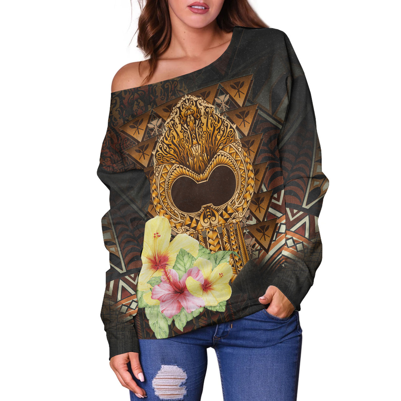 Hawaii Off Shoulder Sweatshirt Ikaika Hawaiian With Hibiscus Flowers Retro Style