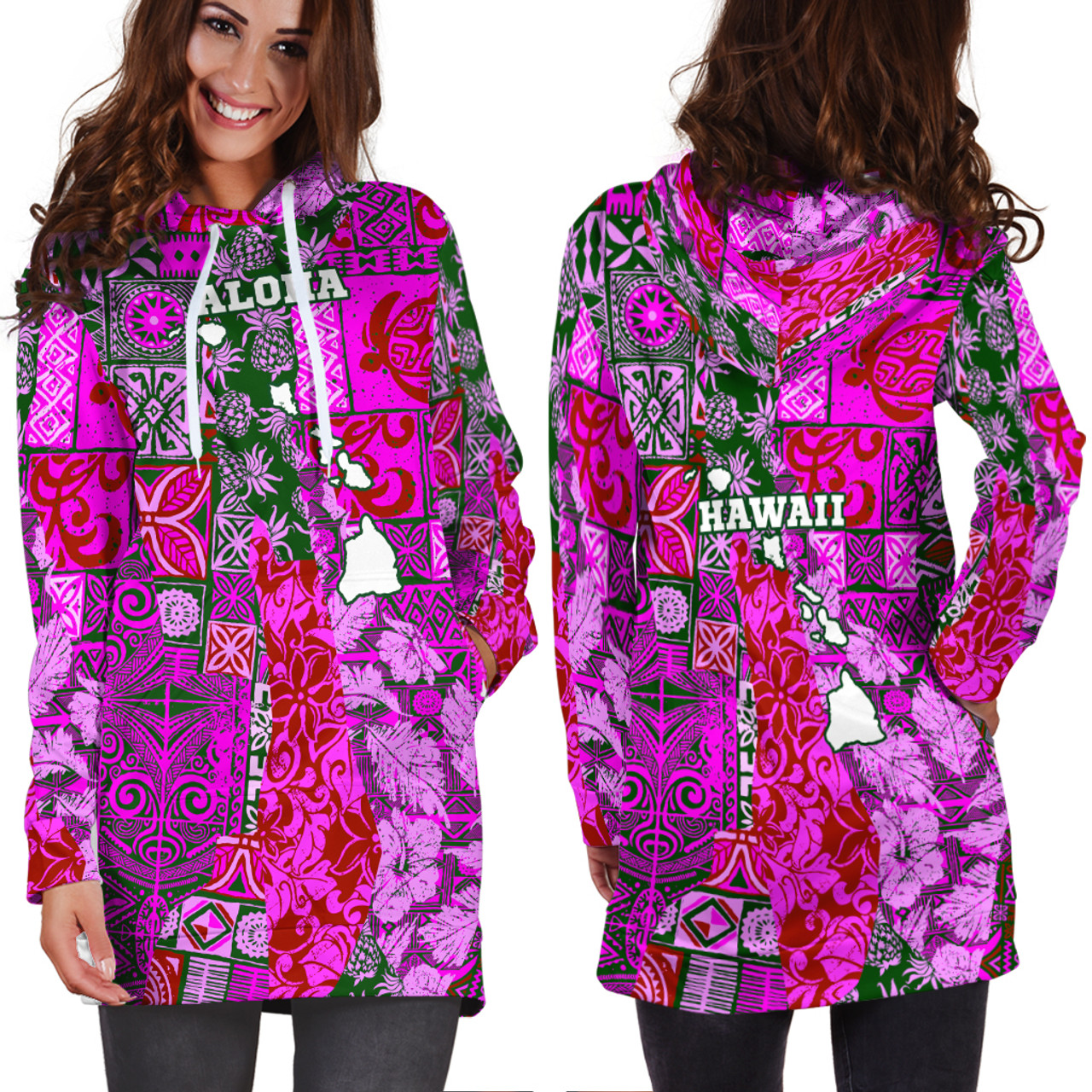 Hawaii Hoodie Dress Hawaiian style tapa fabric patchwork abstract vintage with Hawaii map