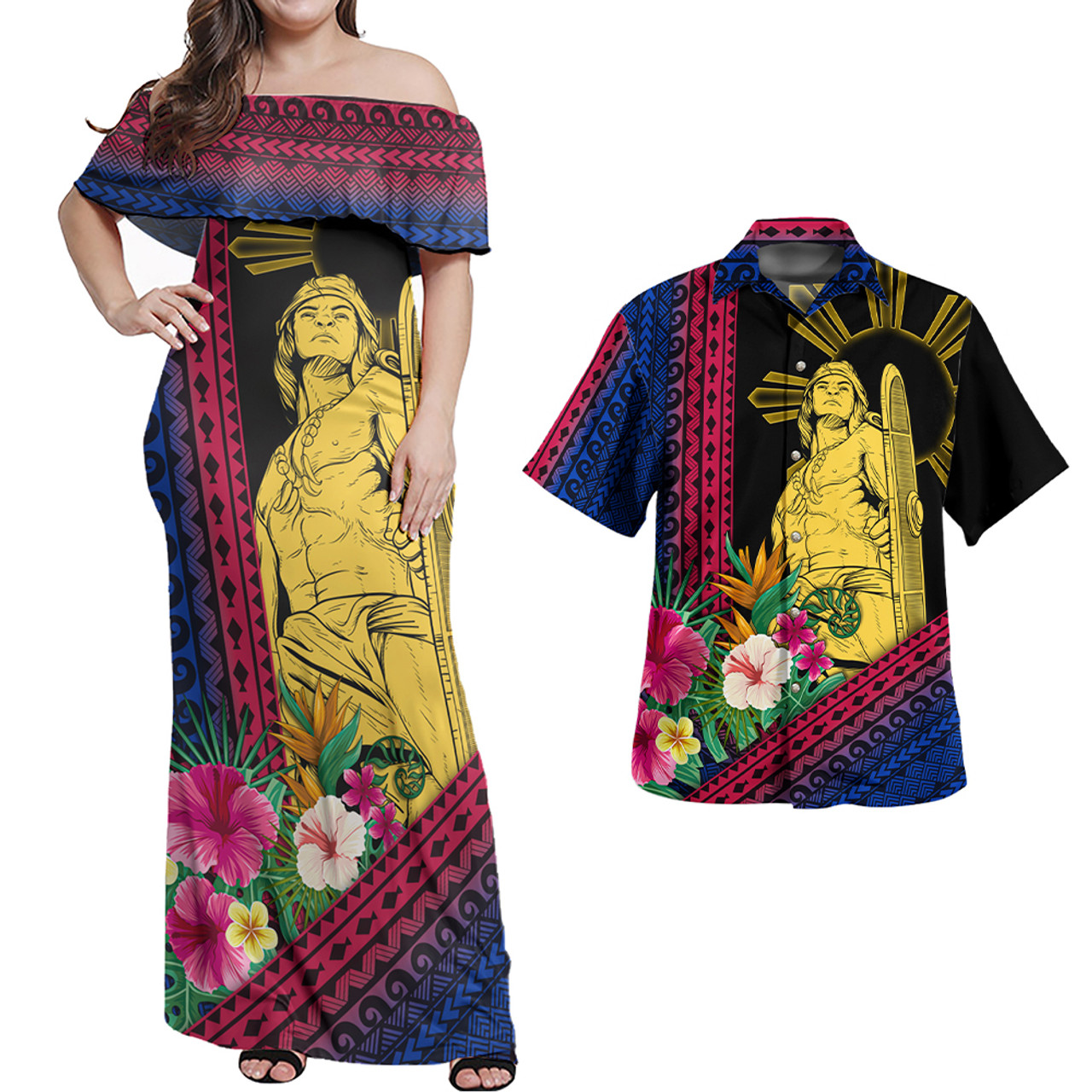 Philippines Filipinos Combo Dress And Shirt Lapu Lapu Polynesia Pattern With Tropical Flower