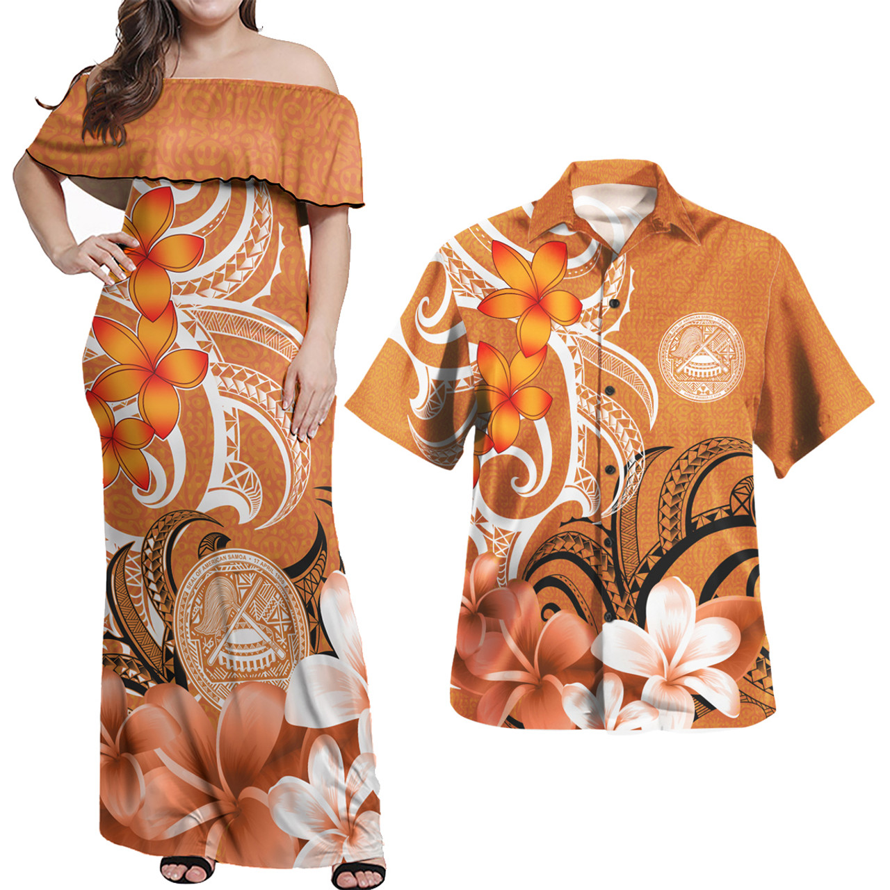 American Samoa Polynesian Pattern Combo Dress And Shirt - Floral Spirit Orange