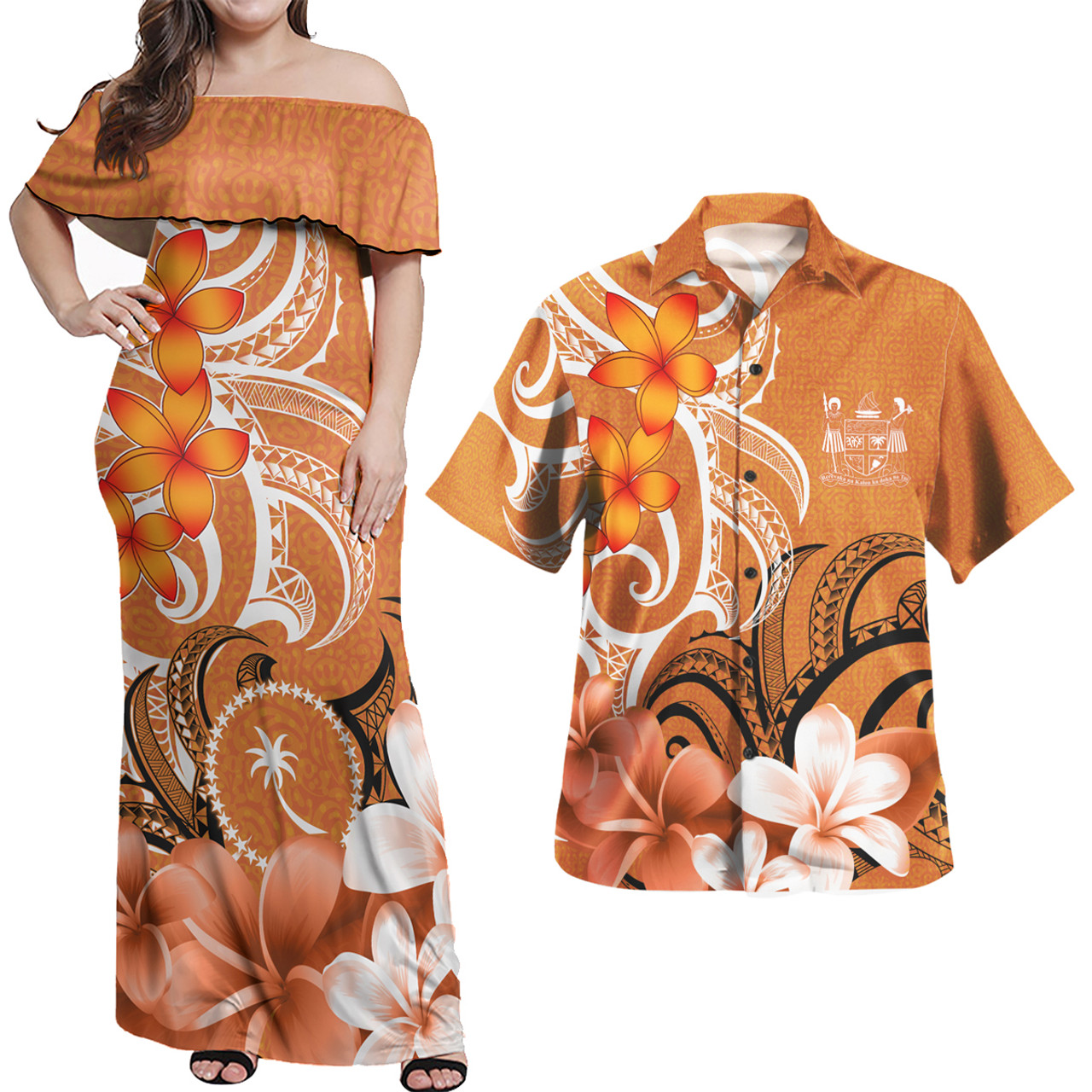 Fiji Coat Of Arm Polynesian Pattern Combo Dress And Shirt - Floral Spirit Orange