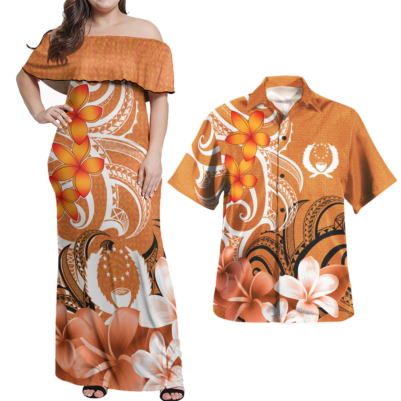 Pohnpei Polynesian Pattern Combo Dress And Shirt - Floral Spirit Orange