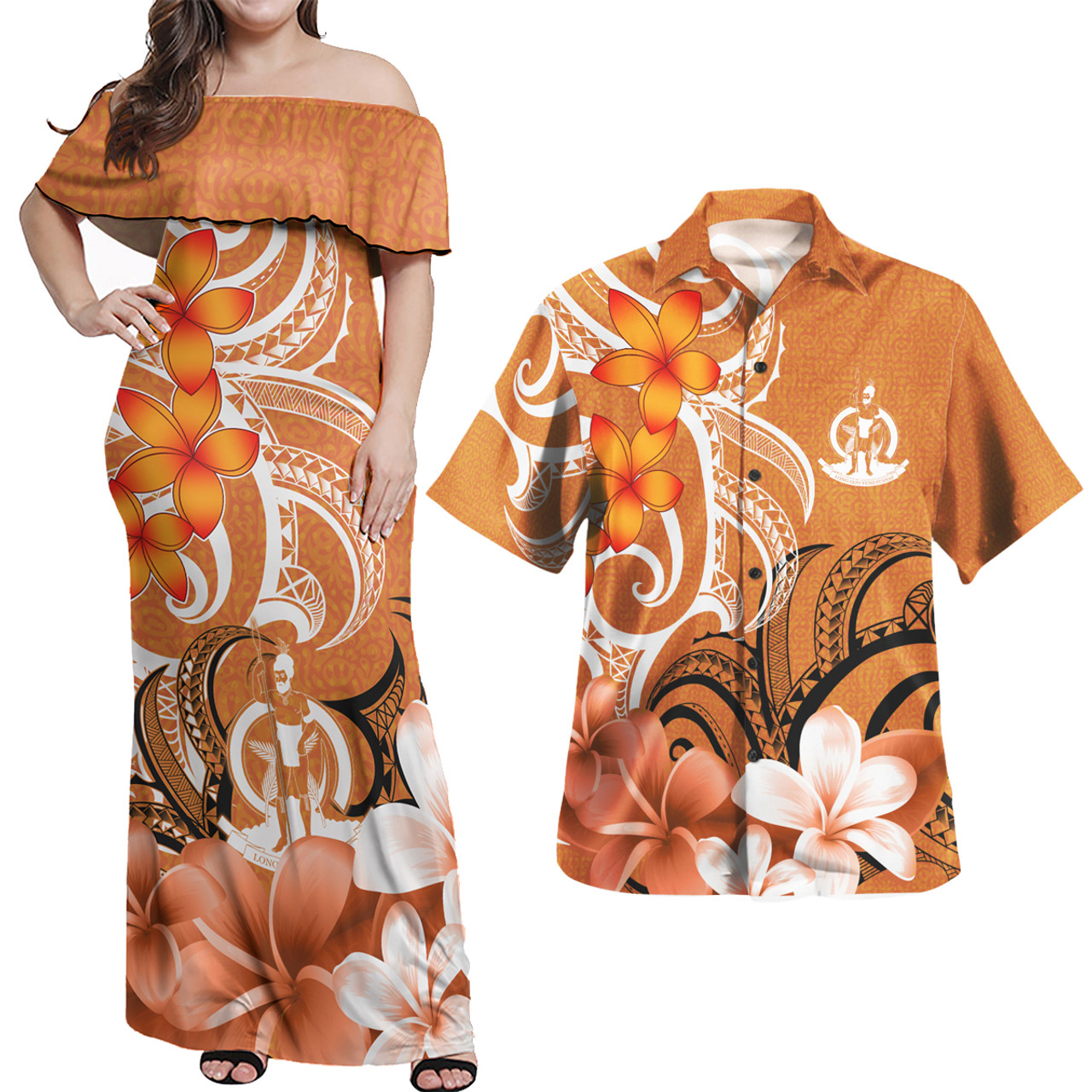 Vanuatu Polynesian Pattern Combo Dress And Shirt - Floral Spirit Orange