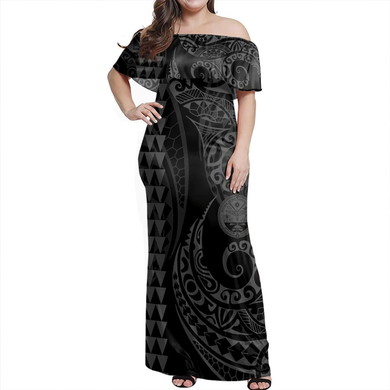 Marshall Islands Off Shoulder Long Dress Kakau Style Grey