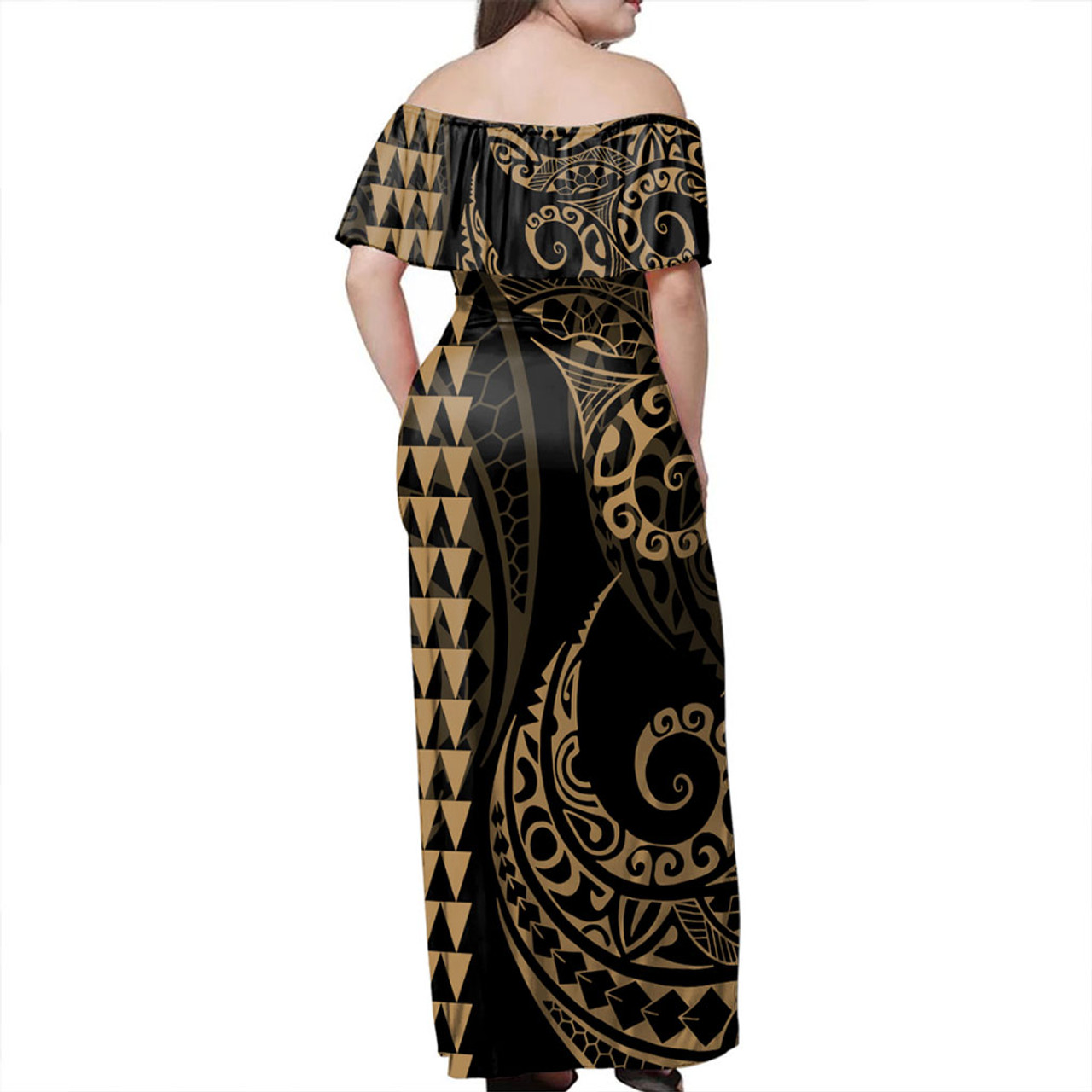 New Zealand Off Shoulder Long Dress Kakau Style Gold