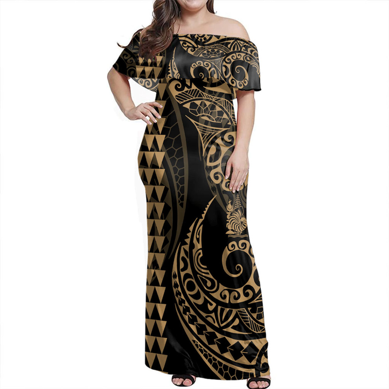 New Caledonia Off Shoulder Long Dress Kakau Style Gold