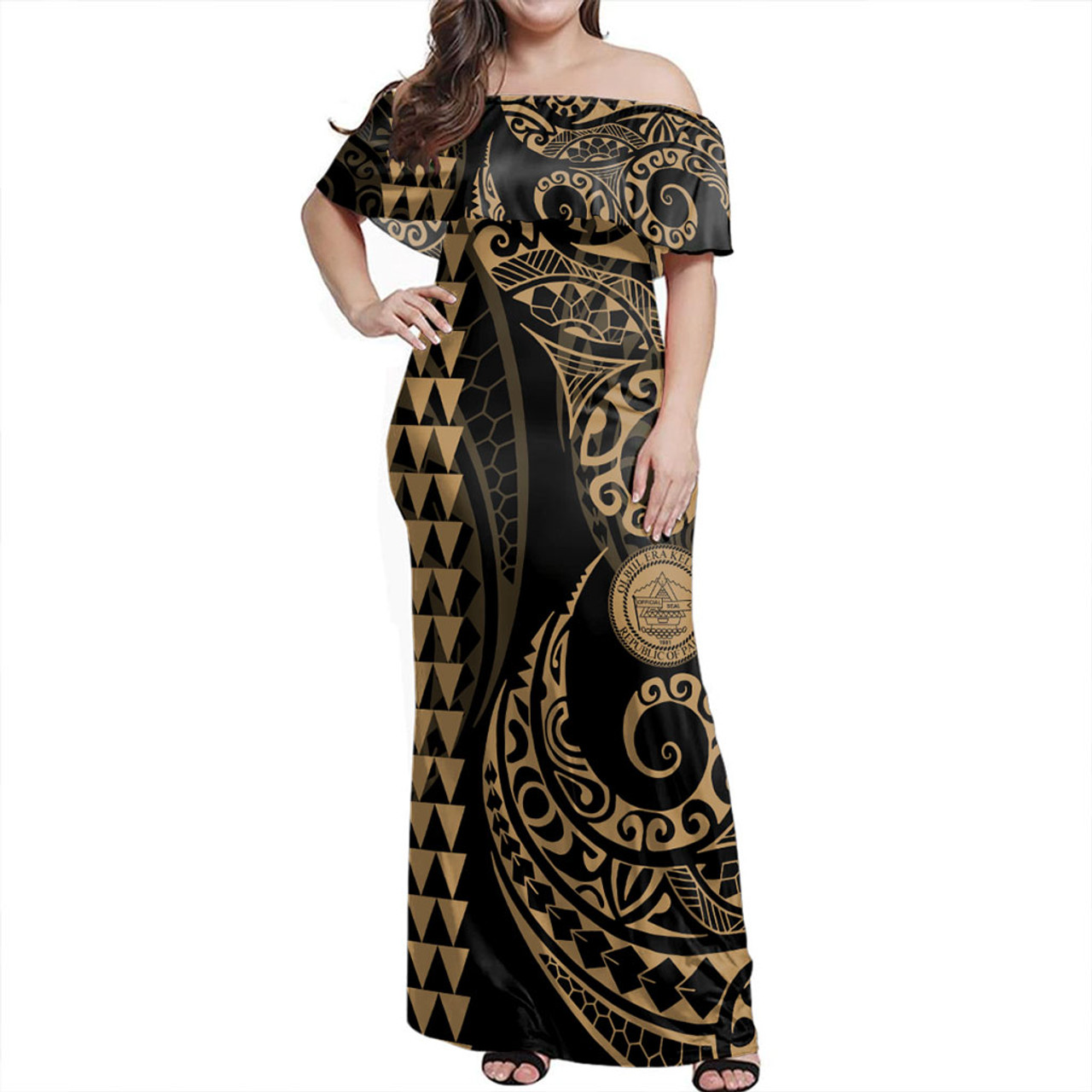 Palau Off Shoulder Long Dress Kakau Style Gold