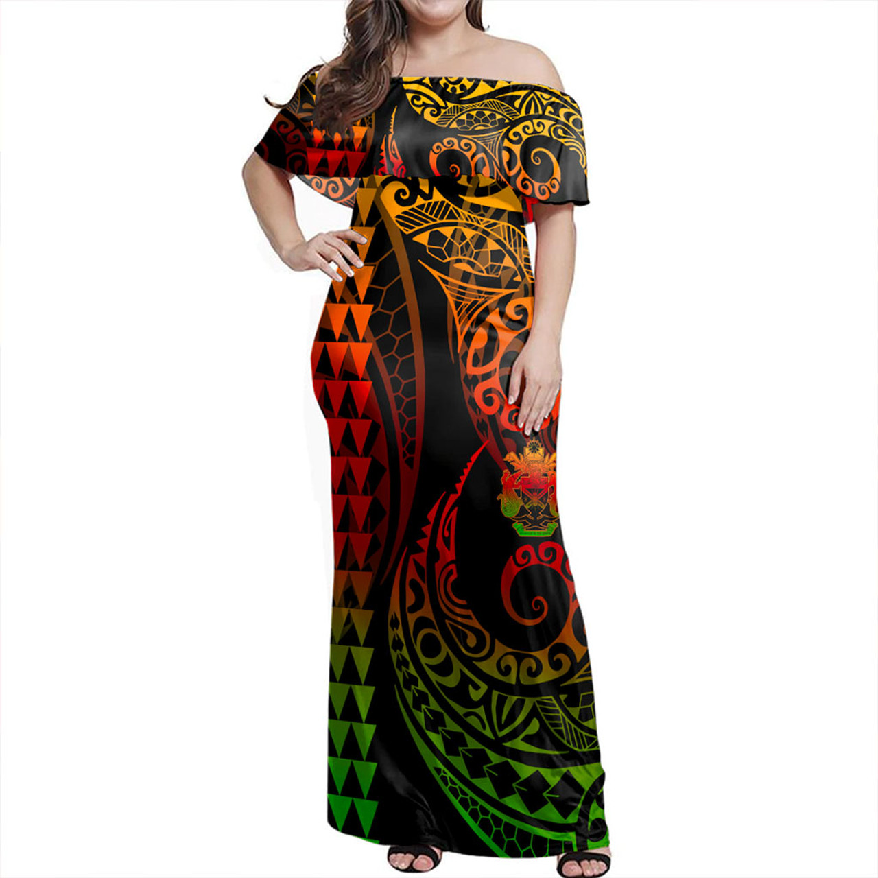 Solomon Islands Off Shoulder Long Dress Kakau Style Reggae