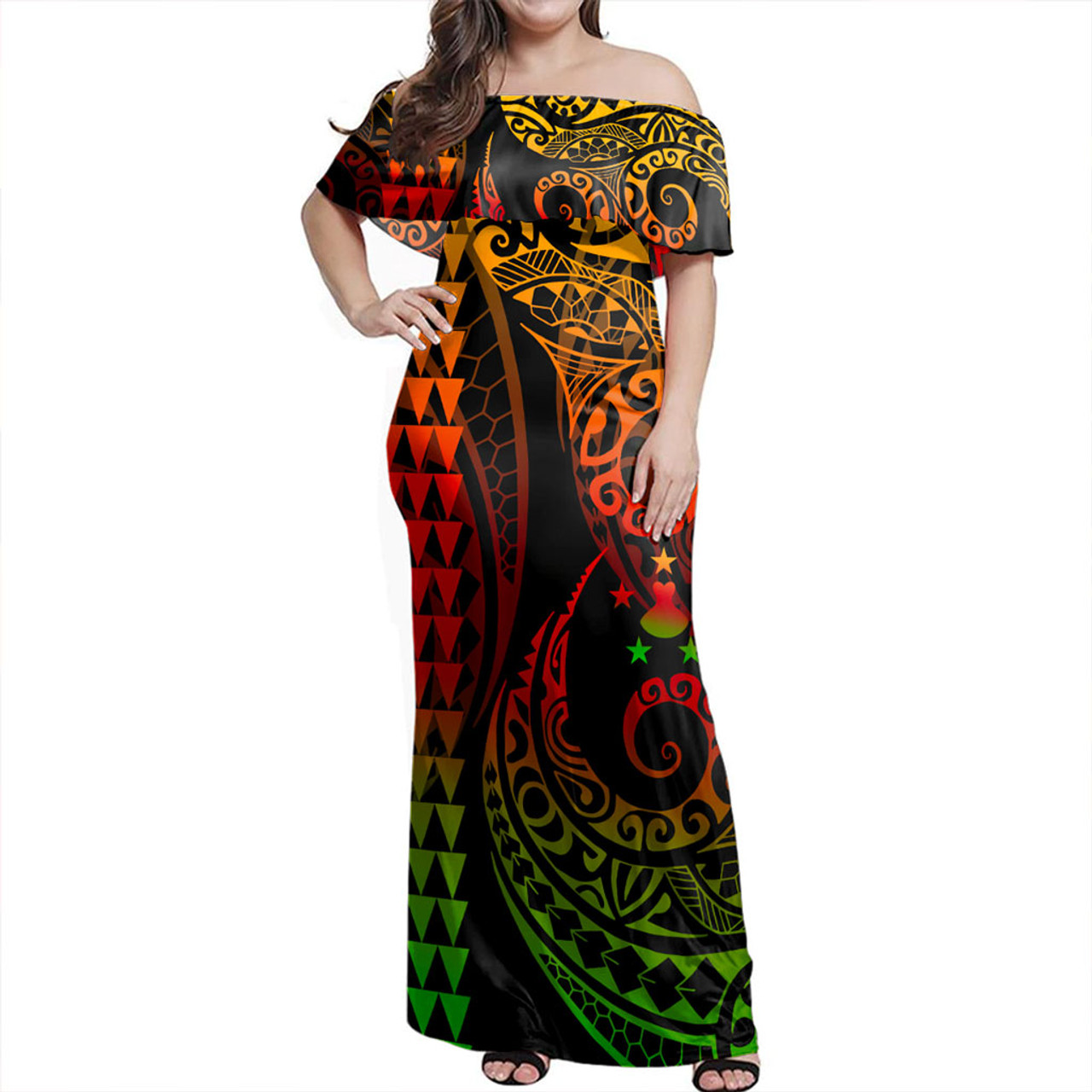 Austral Islands Off Shoulder Long Dress Kakau Style Reggae