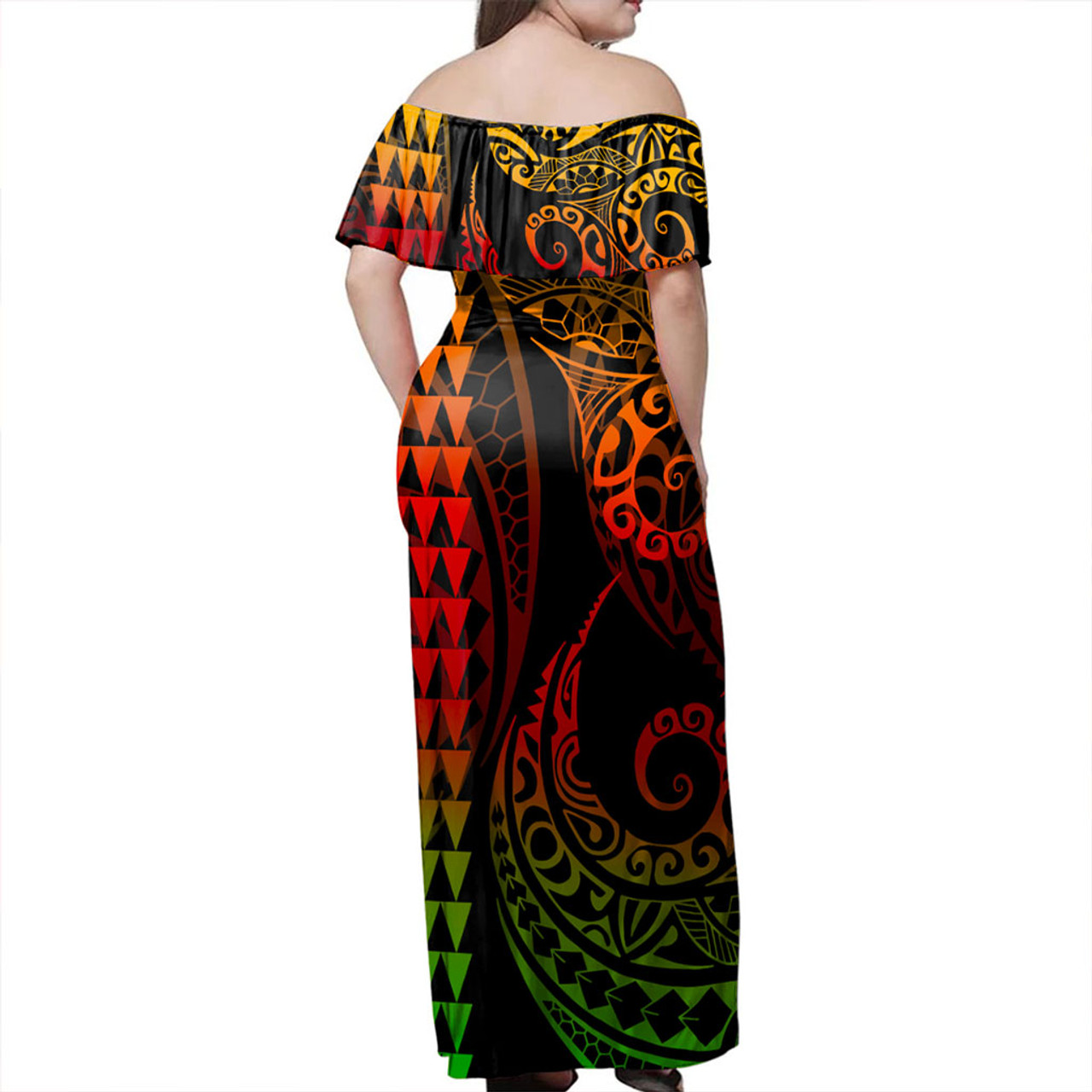 Tahiti Off Shoulder Long Dress Kakau Style Reggae