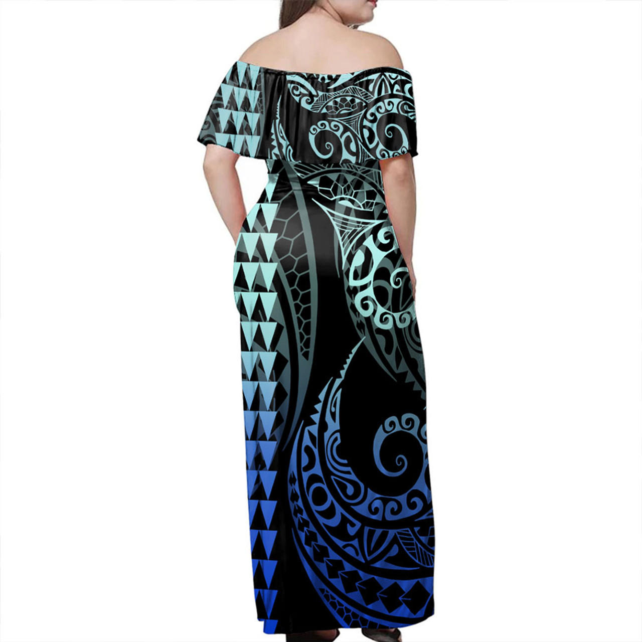 Tokelau Off Shoulder Long Dress Kakau Style Gradient Blue
