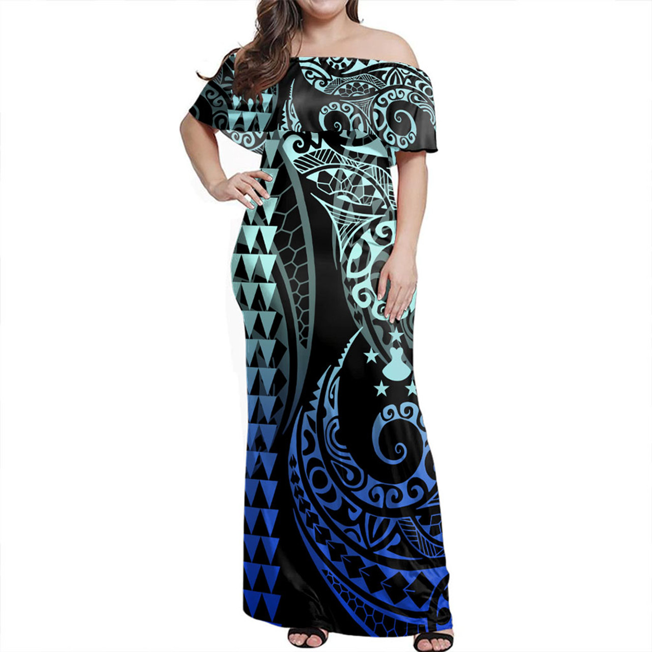 Austral Islands Off Shoulder Long Dress Kakau Style Gradient Blue