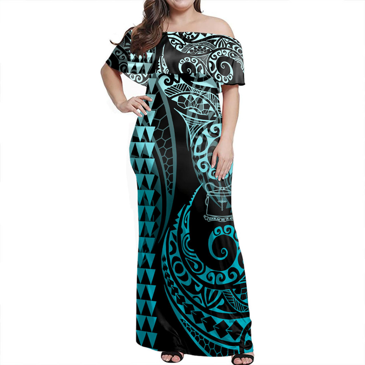 Tokelau Off Shoulder Long Dress Kakau Style Turquoise