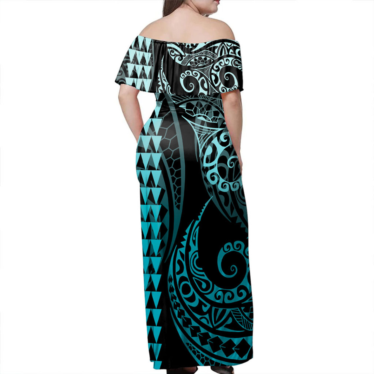 Palau Off Shoulder Long Dress Kakau Style Turquoise