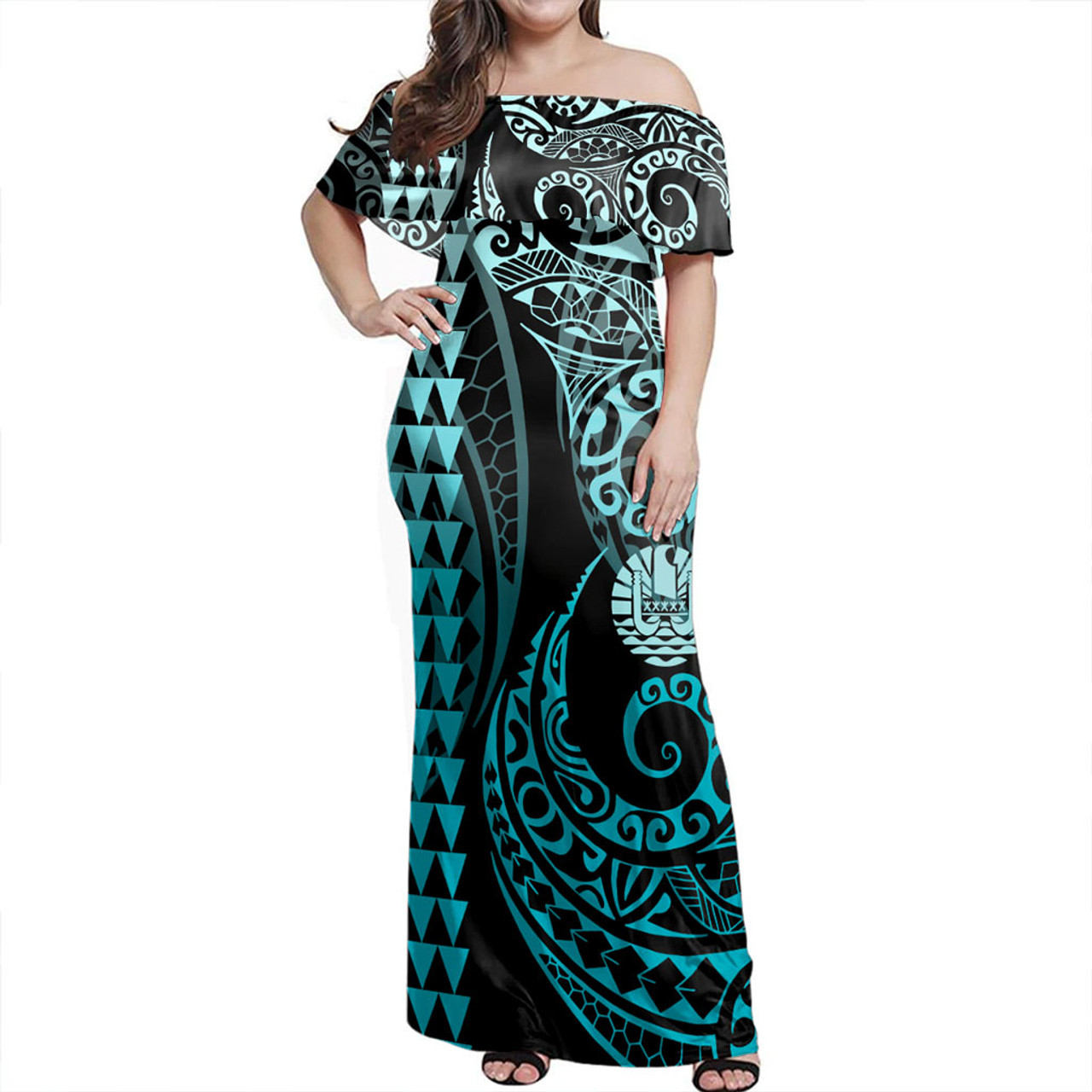 Tahiti Off Shoulder Long Dress Kakau Style Turquoise