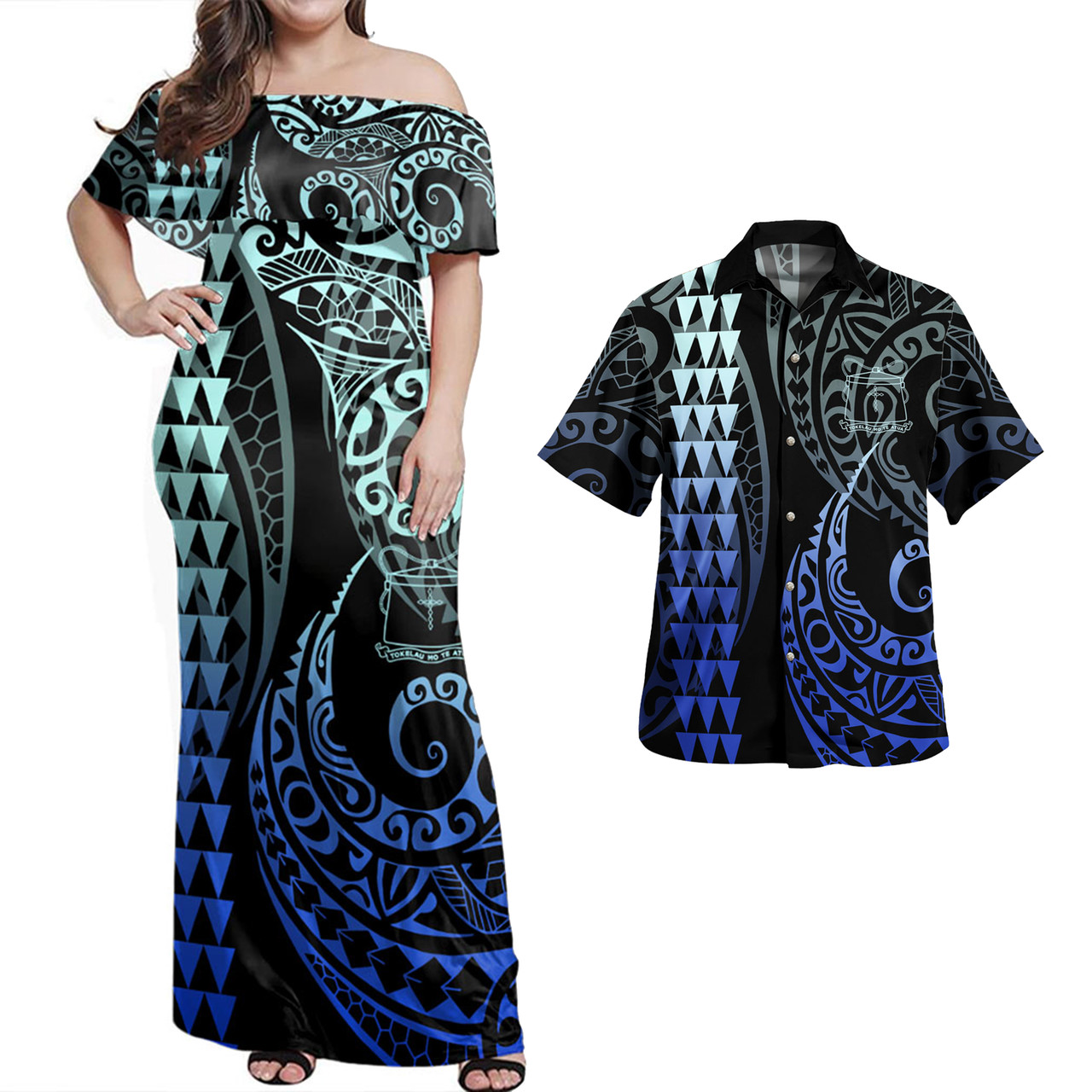 Tokelau Combo Dress And Shirt Kakau Style Gradient Blue