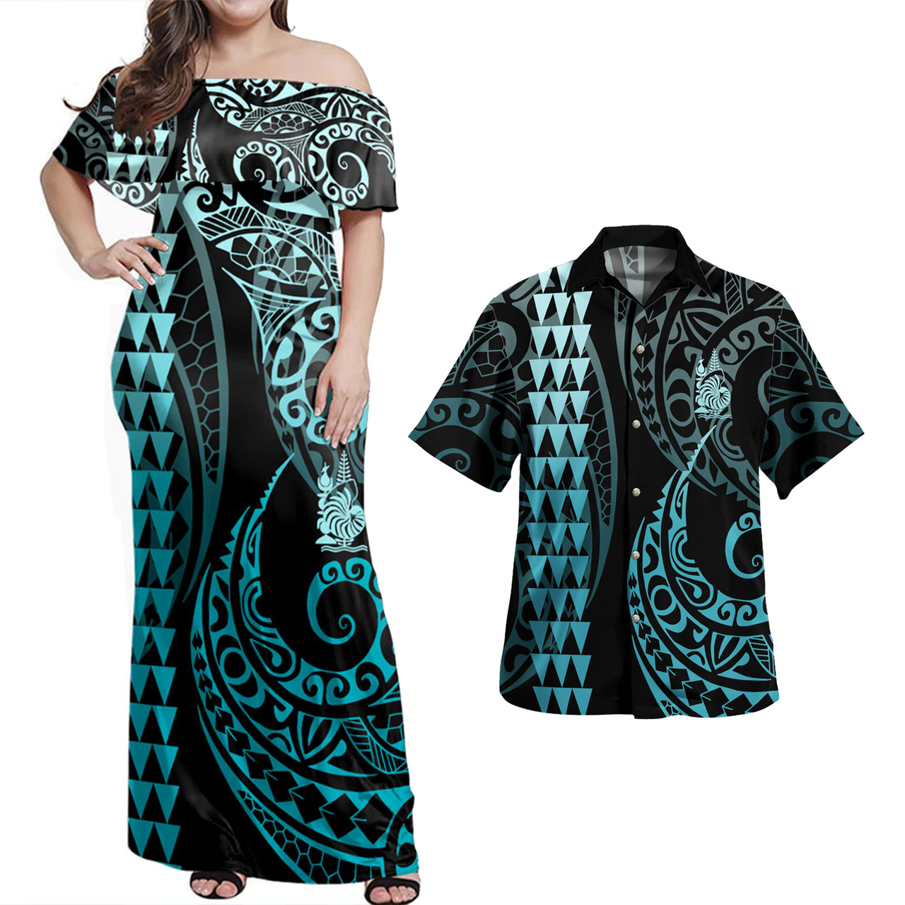 New Caledonia Combo Dress And Shirt Kakau Style Turquoise