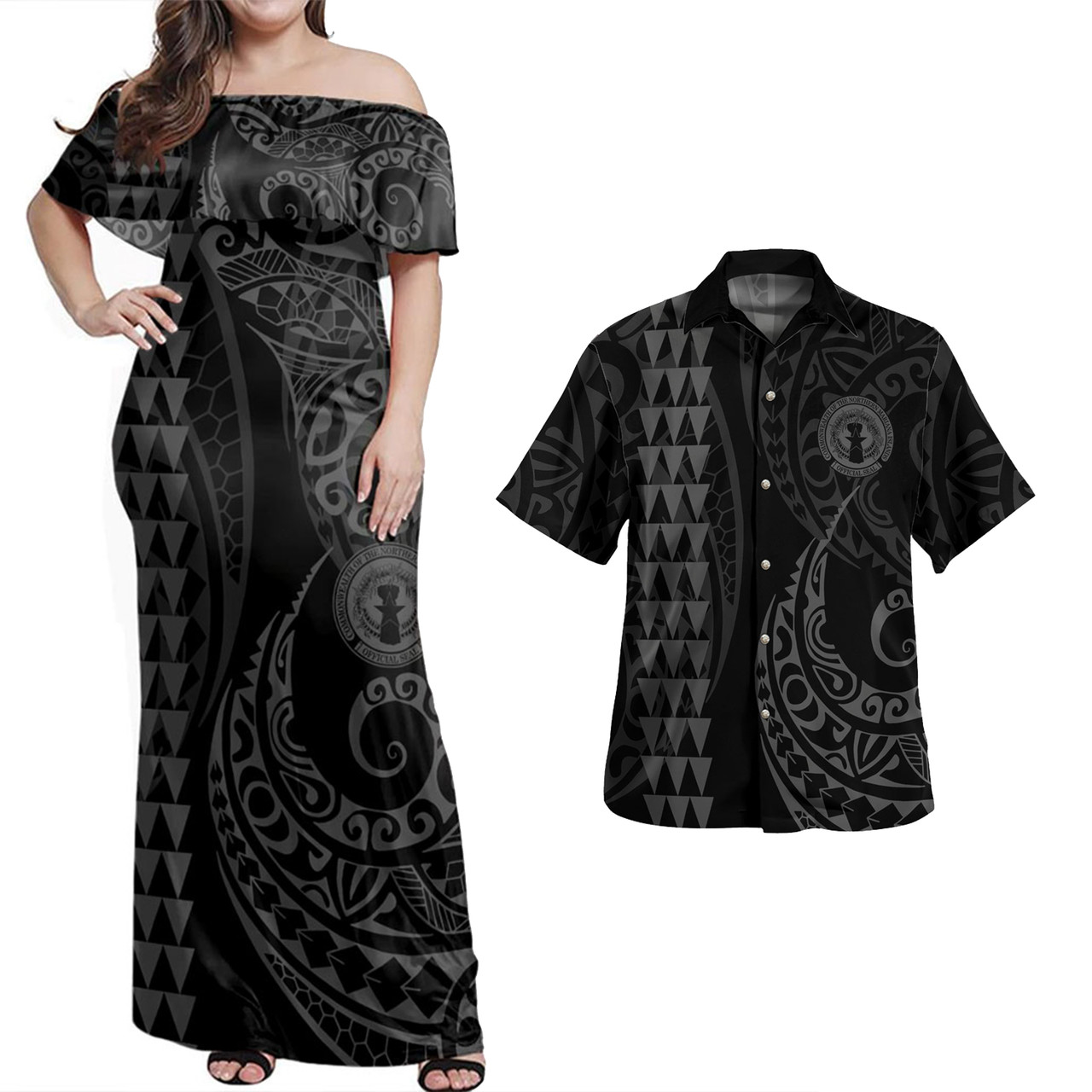 Northern Mariana Islands Combo Dress And Shirt Kakau Style Grey