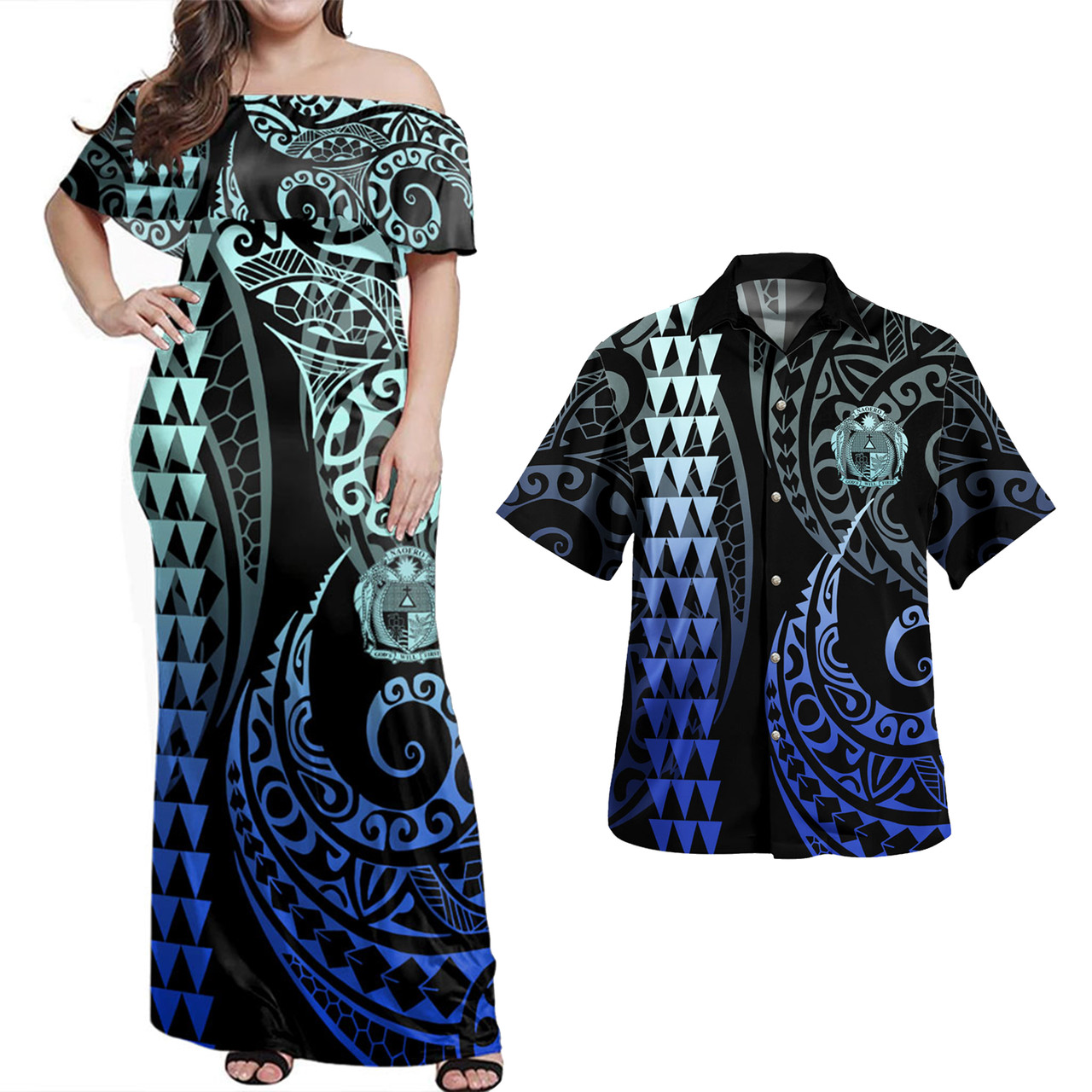 Nauru Combo Dress And Shirt Kakau Style Gradient Blue