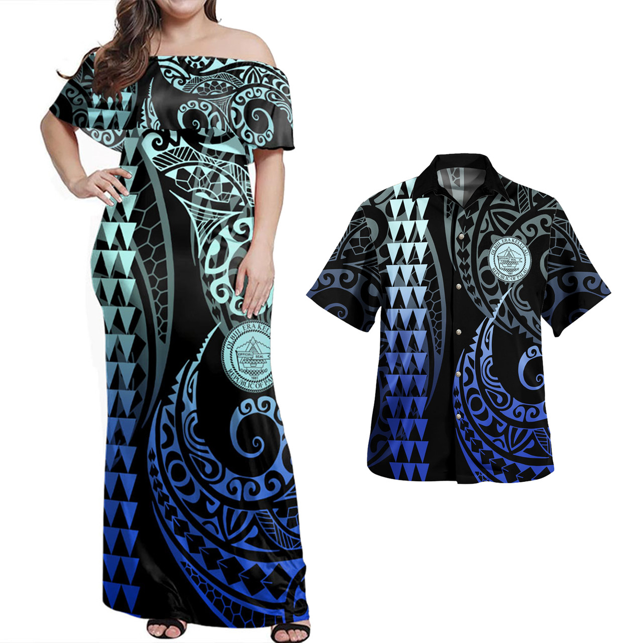 Palau Combo Dress And Shirt Kakau Style Gradient Blue