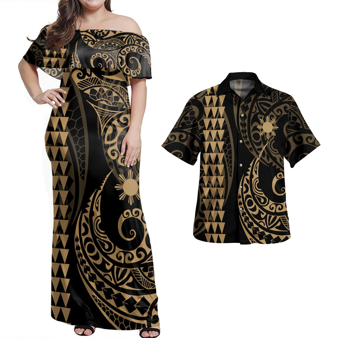 Philippines Filipinos Combo Dress And Shirt Kakau Style Gold