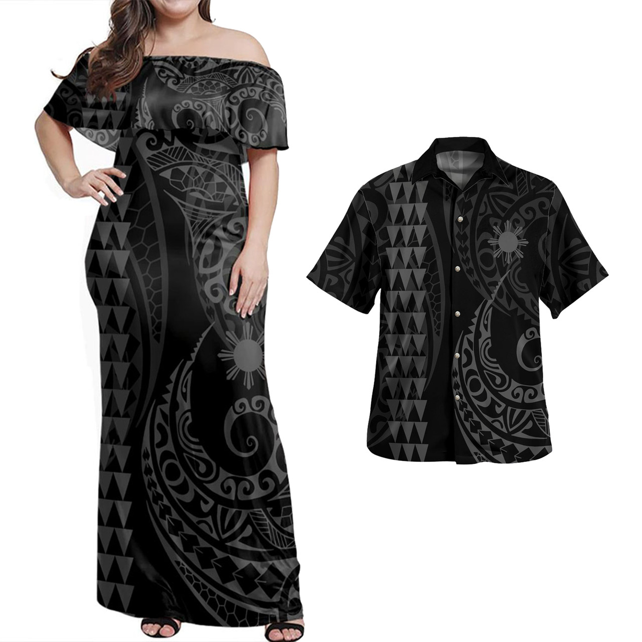 Philippines Filipinos Combo Dress And Shirt Kakau Style Grey