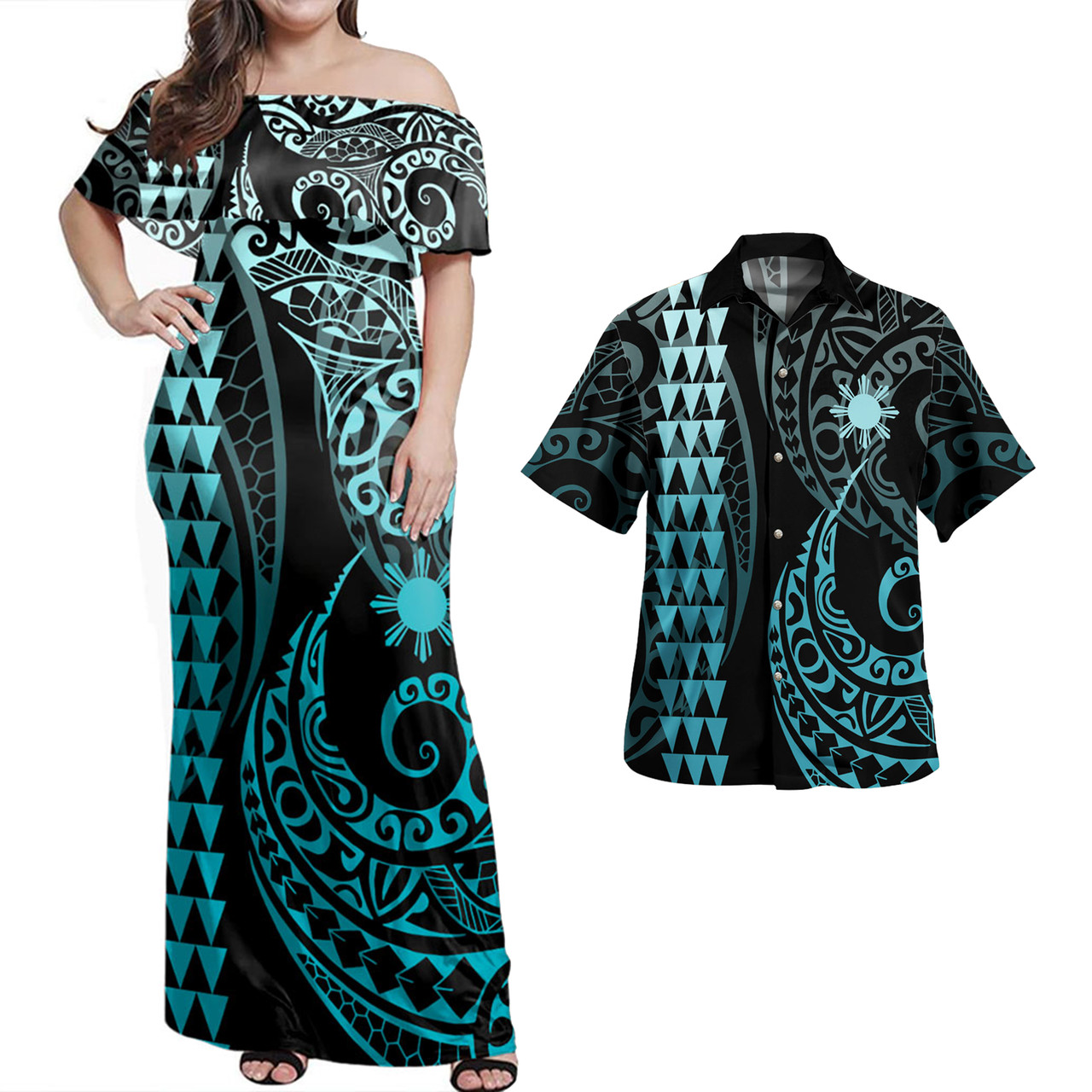 Philippines Filipinos Combo Dress And Shirt Kakau Style Turquoise