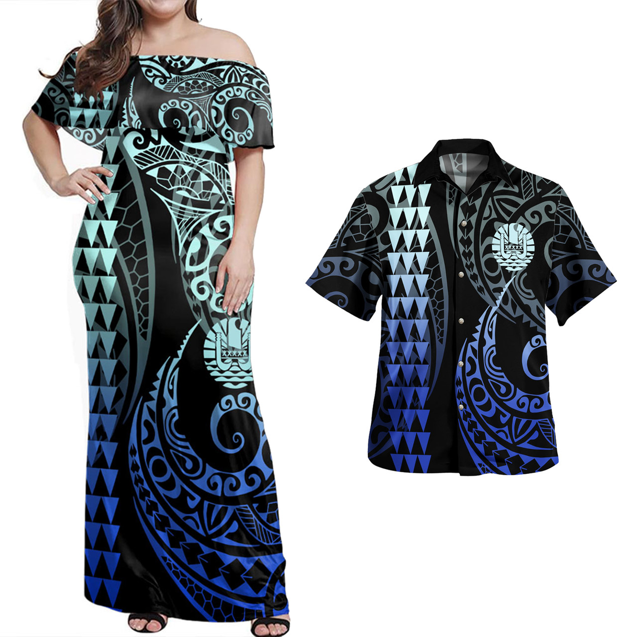 Tahiti Combo Dress And Shirt Kakau Style Gradient Blue