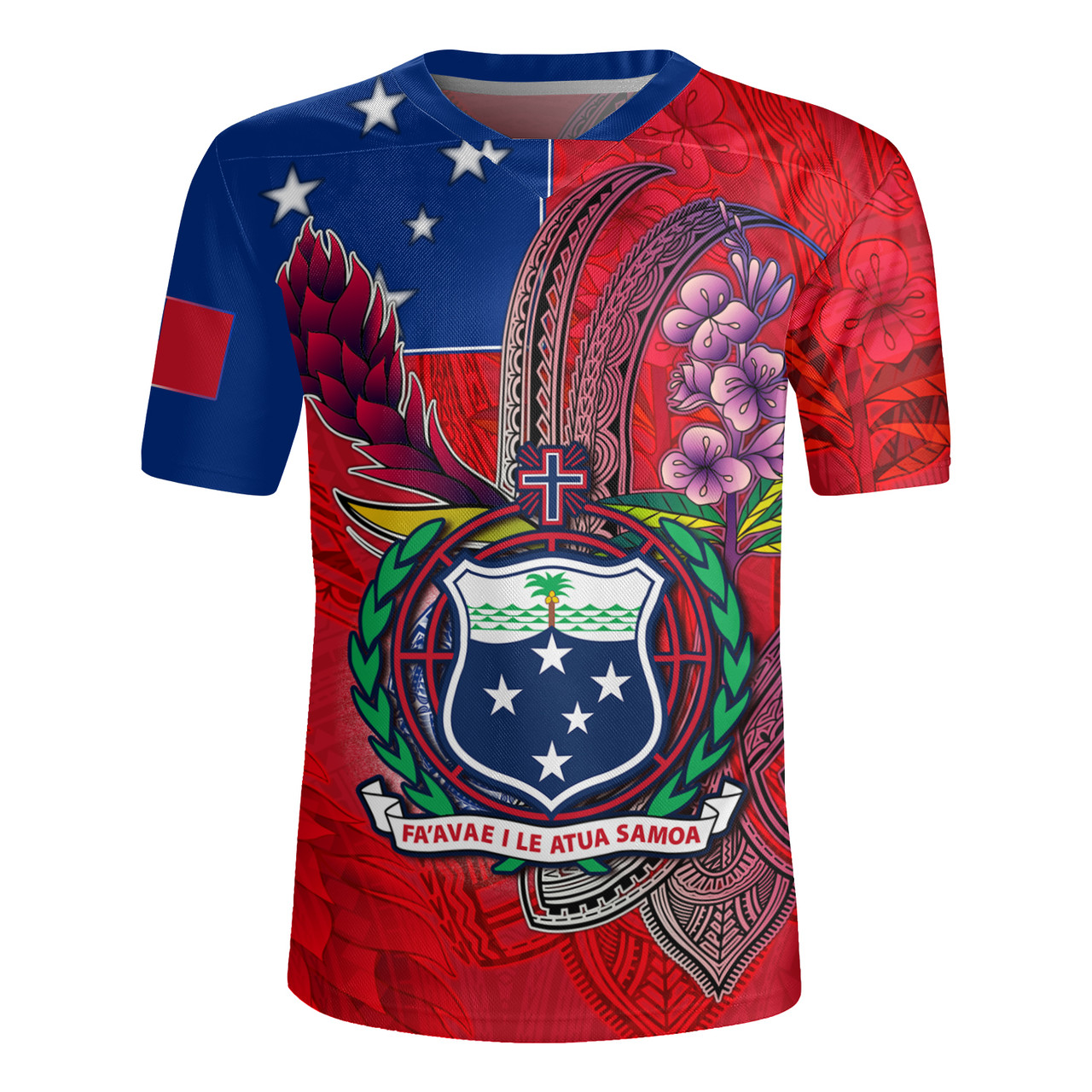 Samoa Flag With Seal Teuilia Flowers Tradition Patterns Men's All Over Printing Rugby Jersey