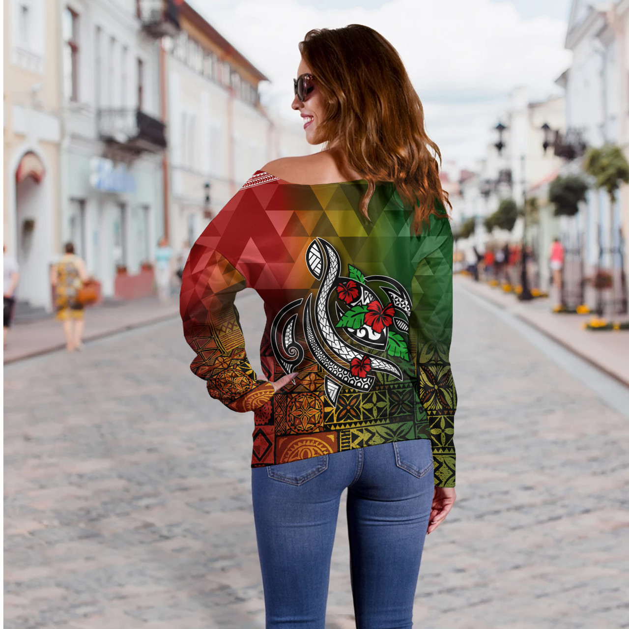 Hawaii Off Shoulder Sweatshirt Lowpolly Pattern with Polynesian Motif