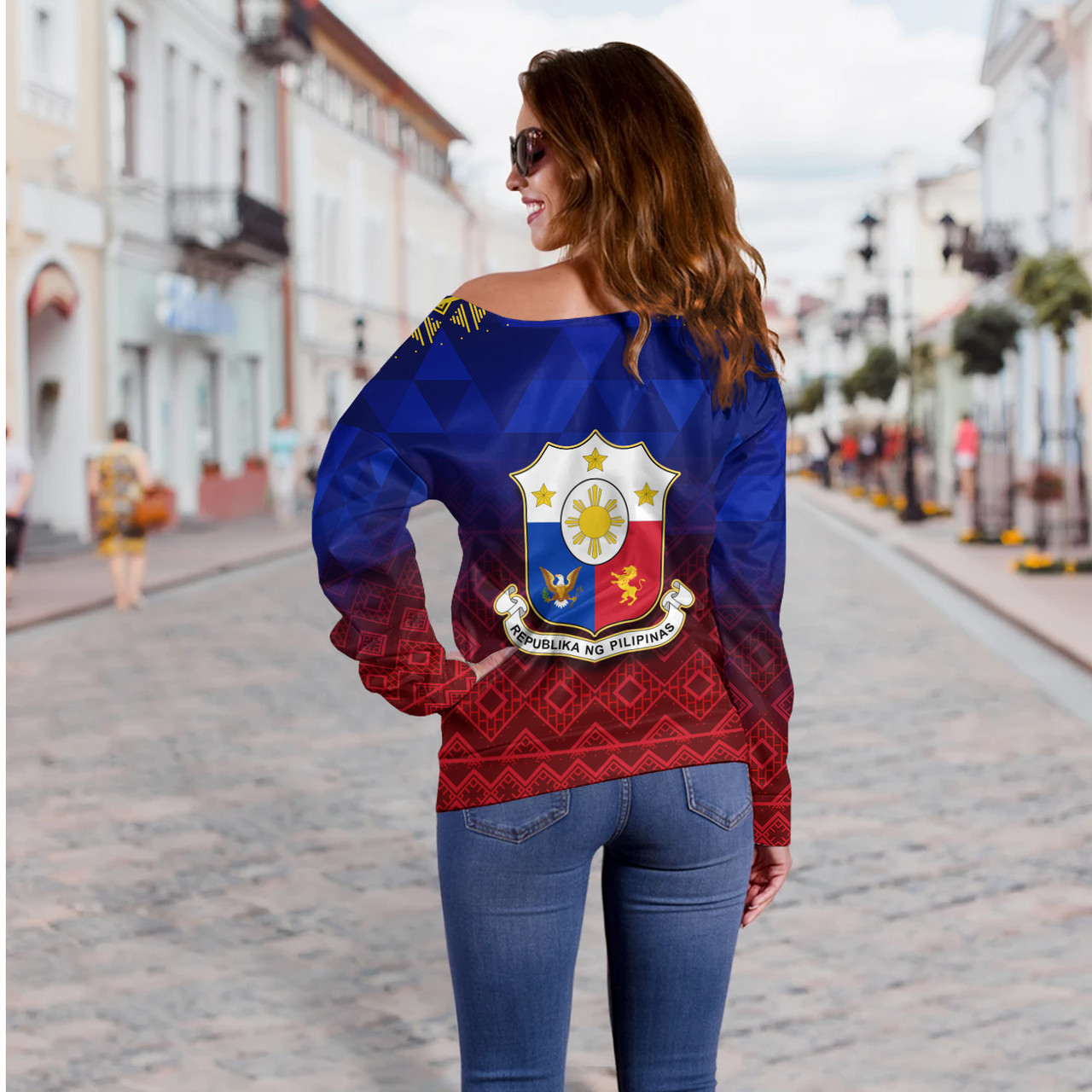 Philippines Filipinos Off Shoulder Sweatshirt Lowpolly Pattern with Tribal Motif