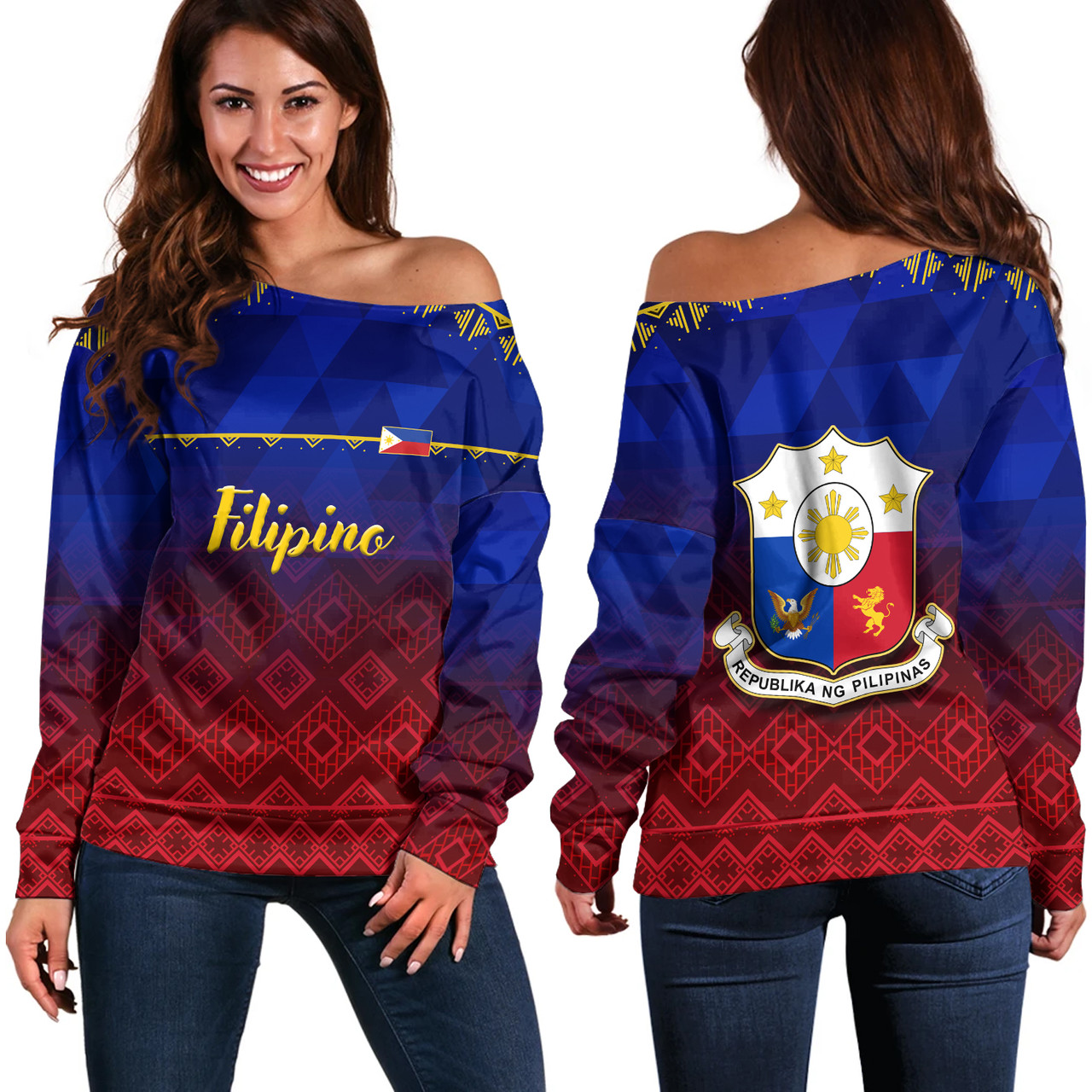 Philippines Filipinos Off Shoulder Sweatshirt Lowpolly Pattern with Tribal Motif