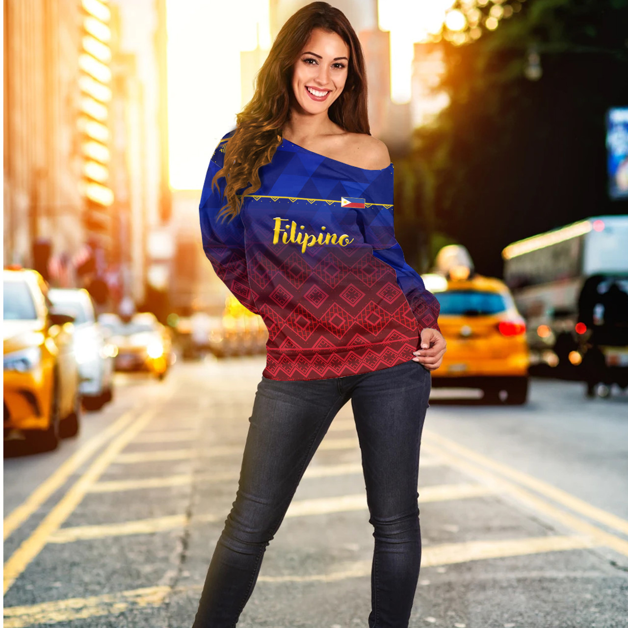 Philippines Filipinos Off Shoulder Sweatshirt Lowpolly Pattern with Tribal Motif