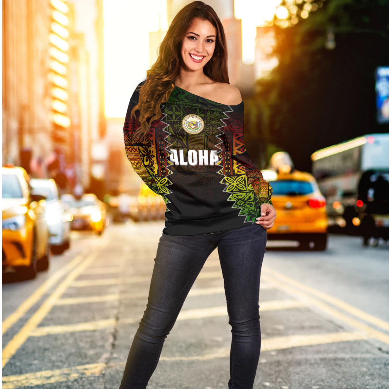 Hawaii Off Shoulder Sweatshirt Polynesian Tribal Motif Reggae Color