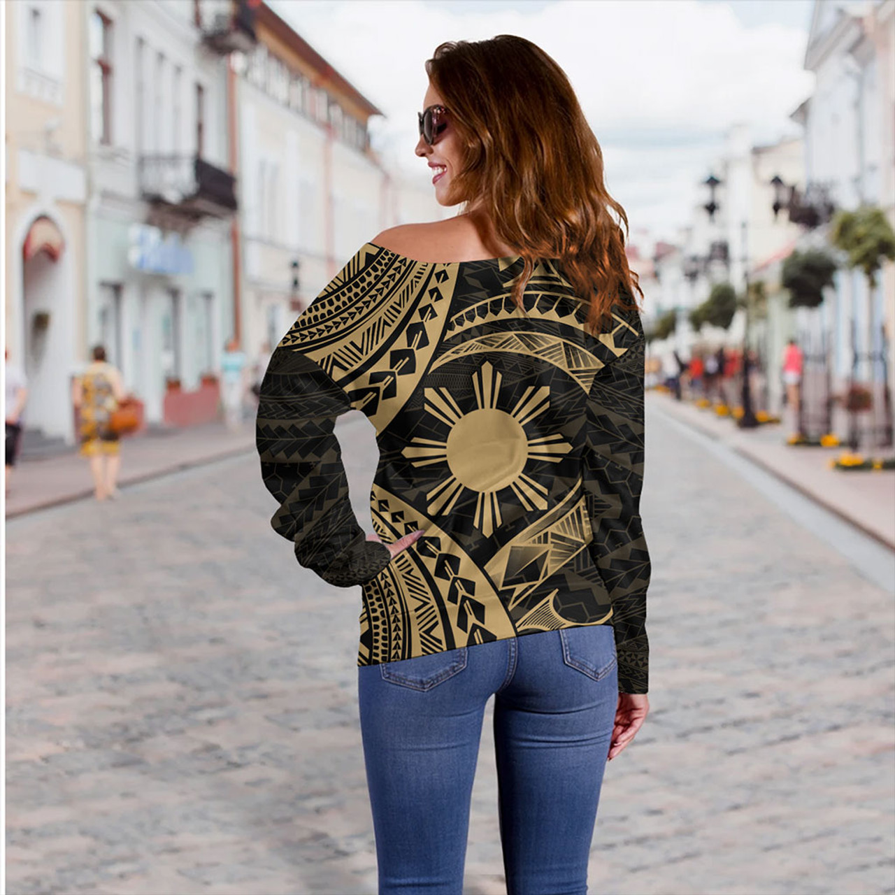 Philippines Filipinos Off Shoulder Sweatshirt Tribal Design Tattoo